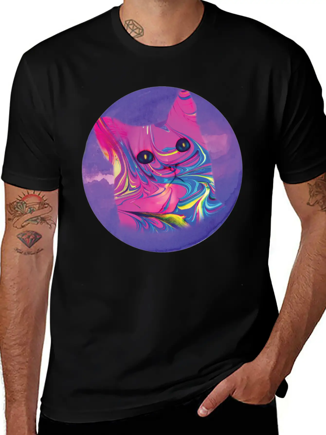 Psychedelic Cat Comfortable Minimalist Graphic Tee – Summer Style Essential