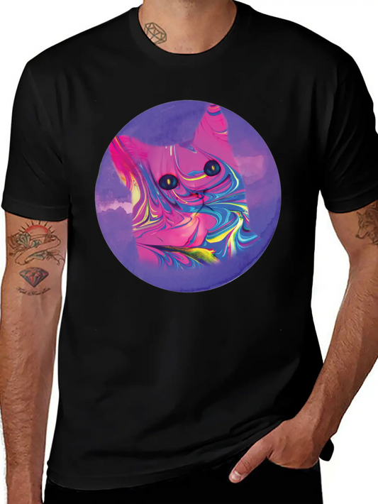 Psychedelic Cat Comfortable Minimalist Graphic Tee – Summer Style Essential