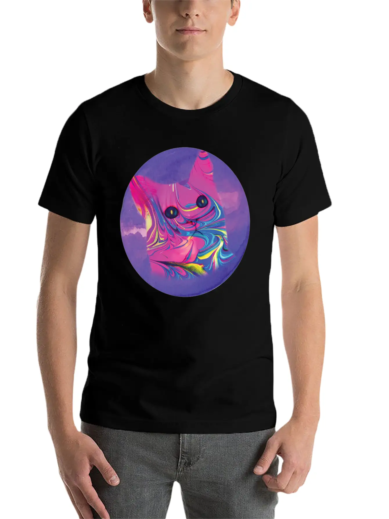 Psychedelic Cat Comfortable Minimalist Graphic Tee – Summer Style Essential