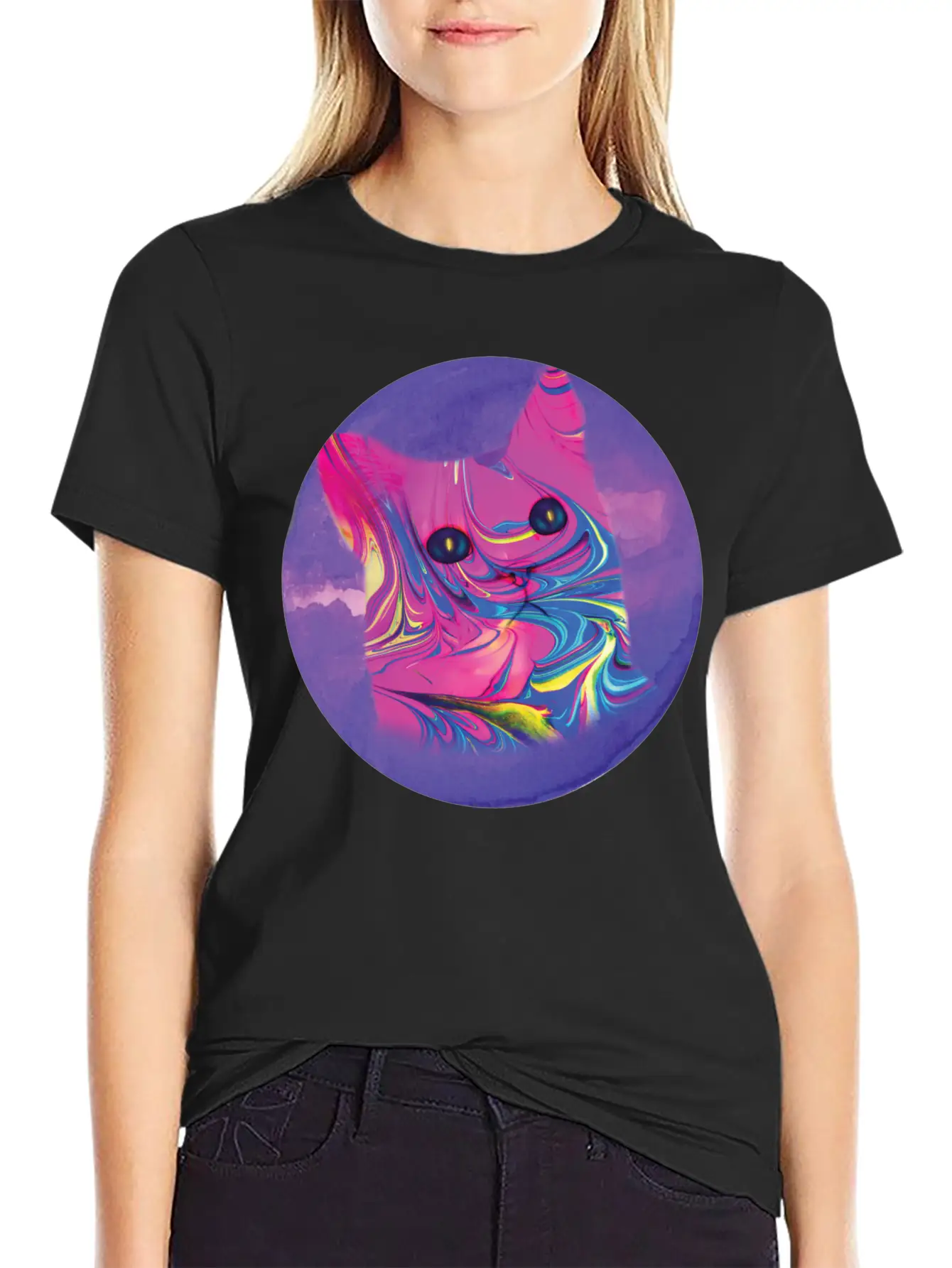 Psychedelic Cat Comfortable Minimalist Graphic Tee – Summer Style Essential
