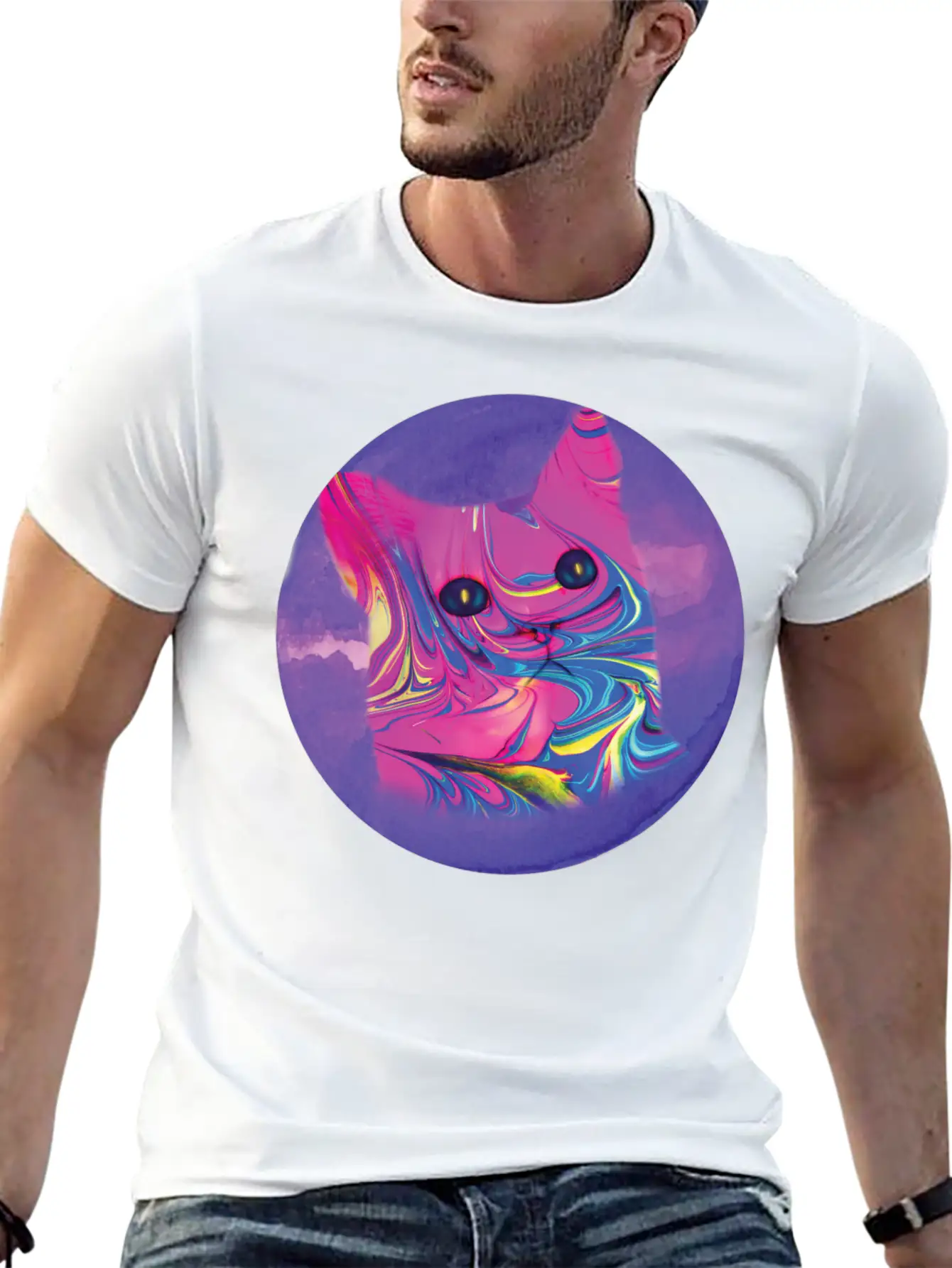 Psychedelic Cat Comfortable Minimalist Graphic Tee – Summer Style Essential