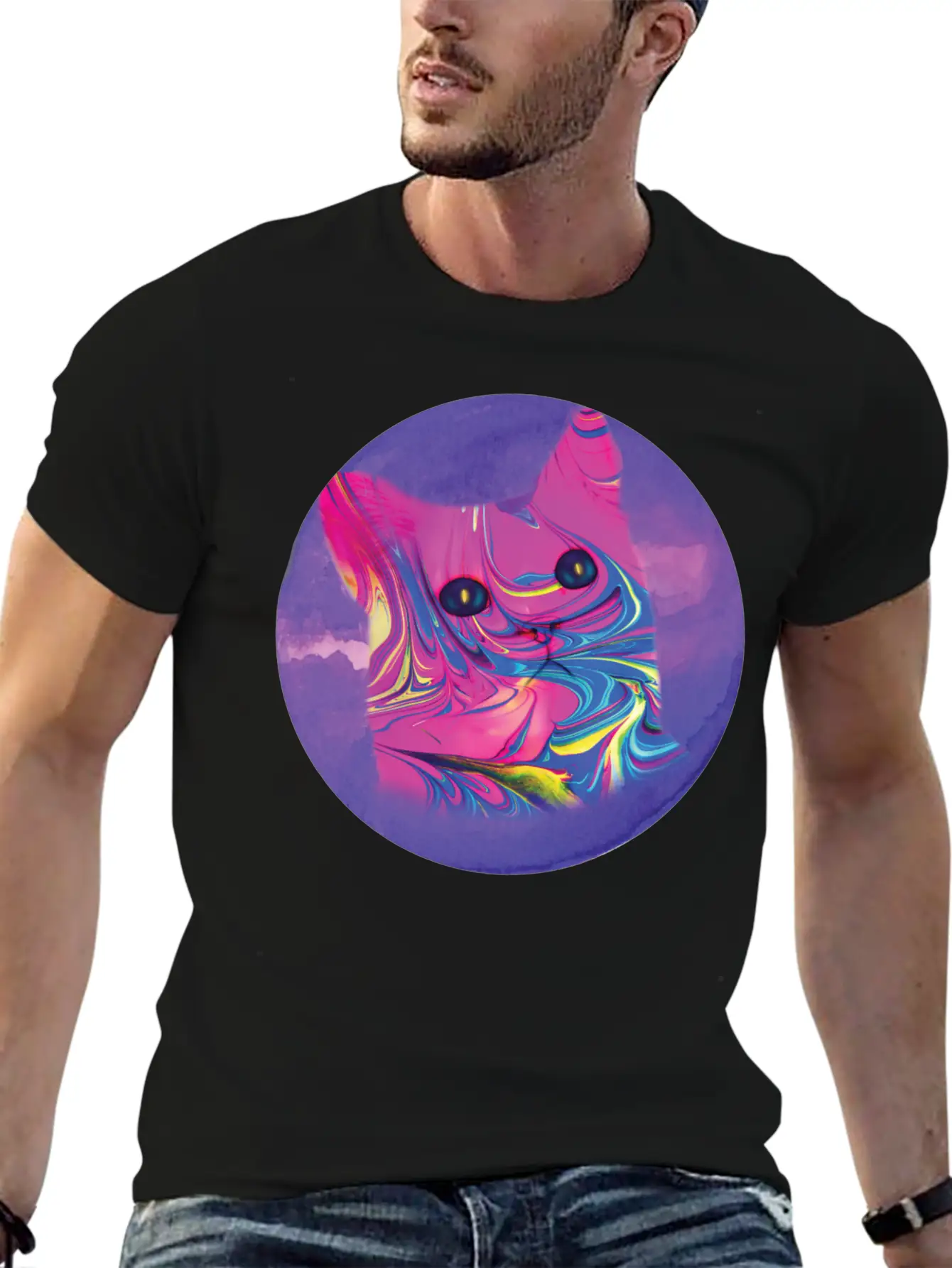 Psychedelic Cat Comfortable Minimalist Graphic Tee – Summer Style Essential