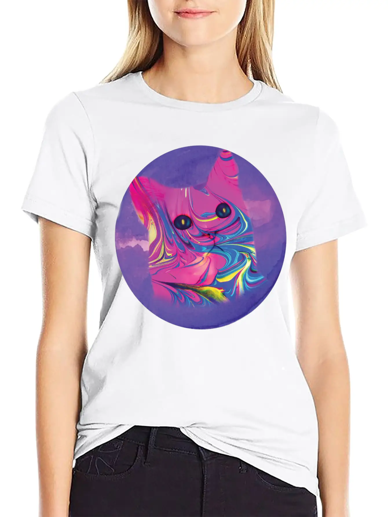 Psychedelic Cat Comfortable Minimalist Graphic Tee – Summer Style Essential