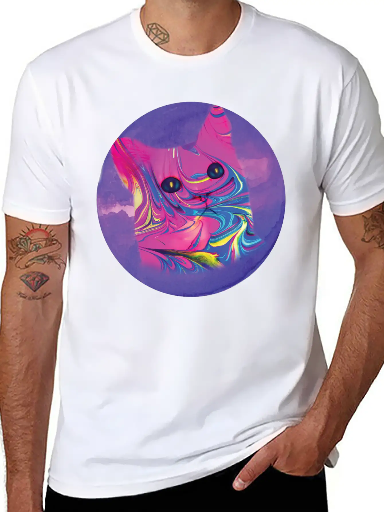 Psychedelic Cat Comfortable Minimalist Graphic Tee – Summer Style Essential