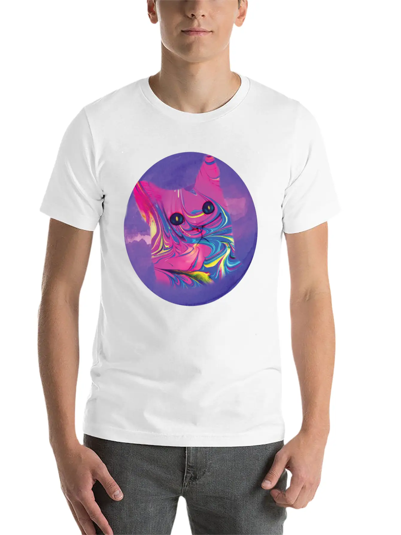 Psychedelic Cat Comfortable Minimalist Graphic Tee – Summer Style Essential