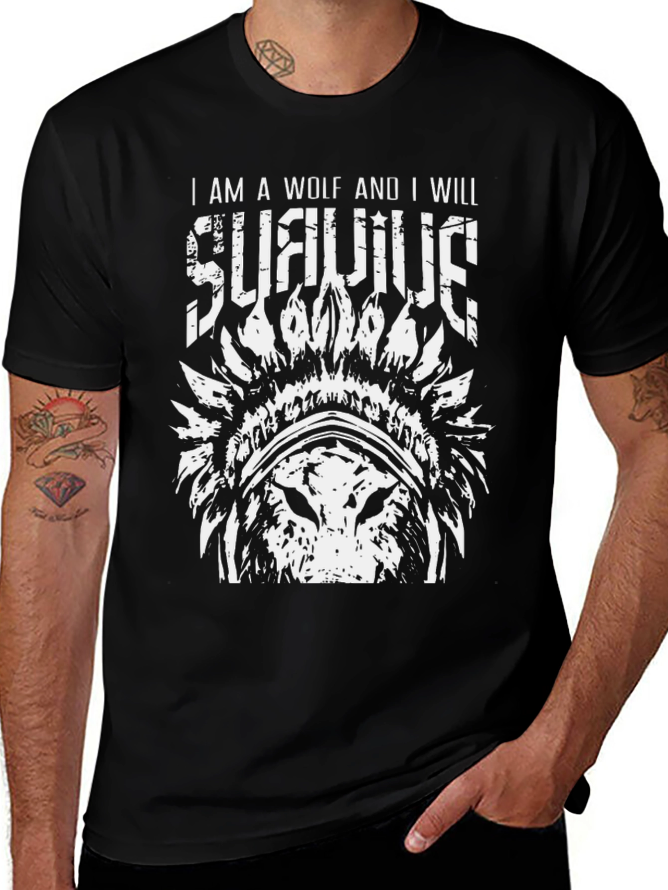 Wolf Survivor Graphic Tee - Black Cotton T-Shirt