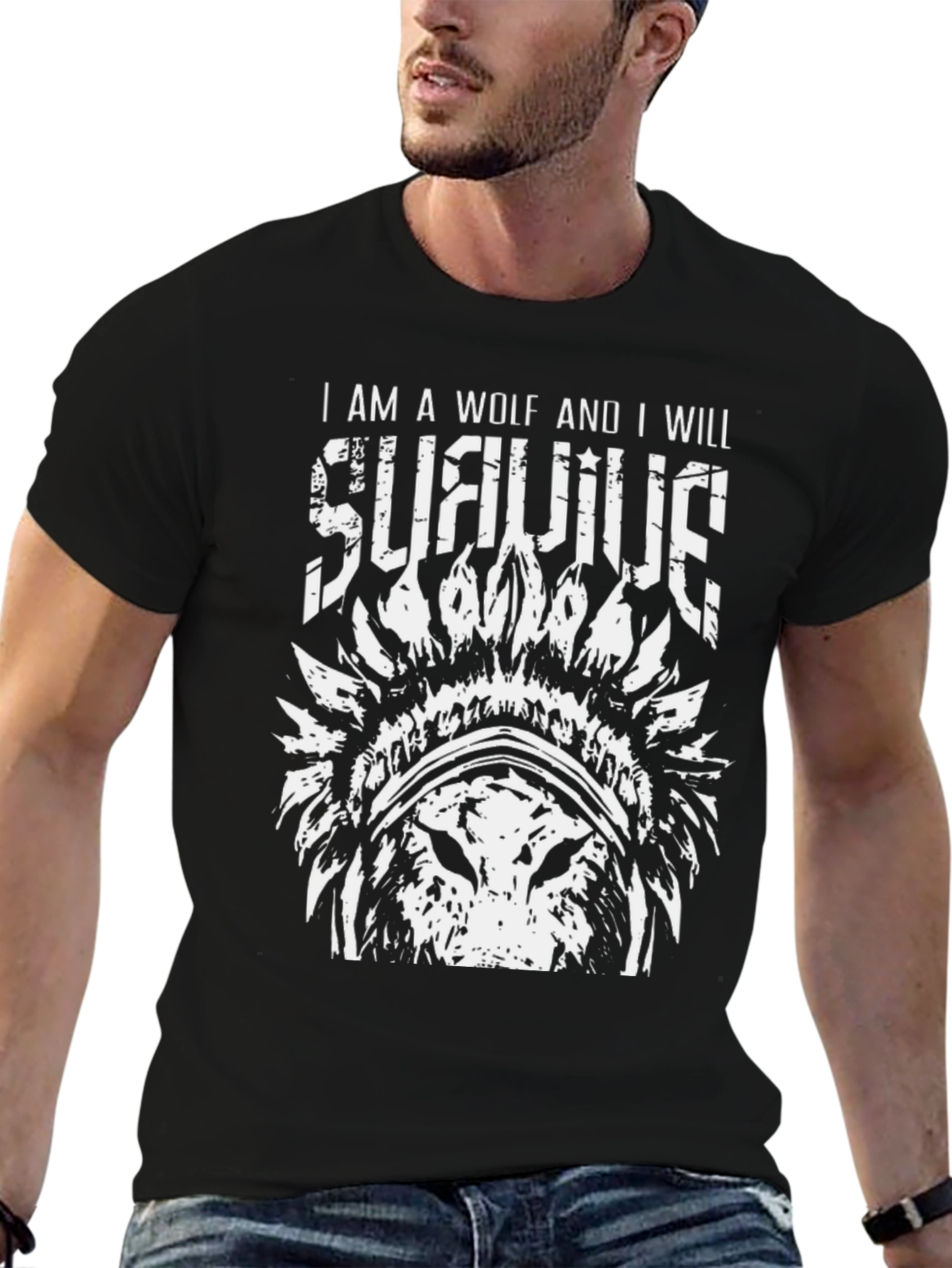 Wolf Survivor Graphic Tee - Black Cotton T-Shirt