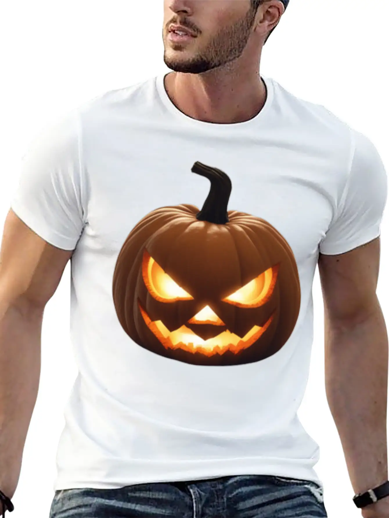 Pumpkin With A Glowing Jack And Glowing Eyes Surro Stylish Everyday T-Shirt – Unisex Basic Cotton Tee