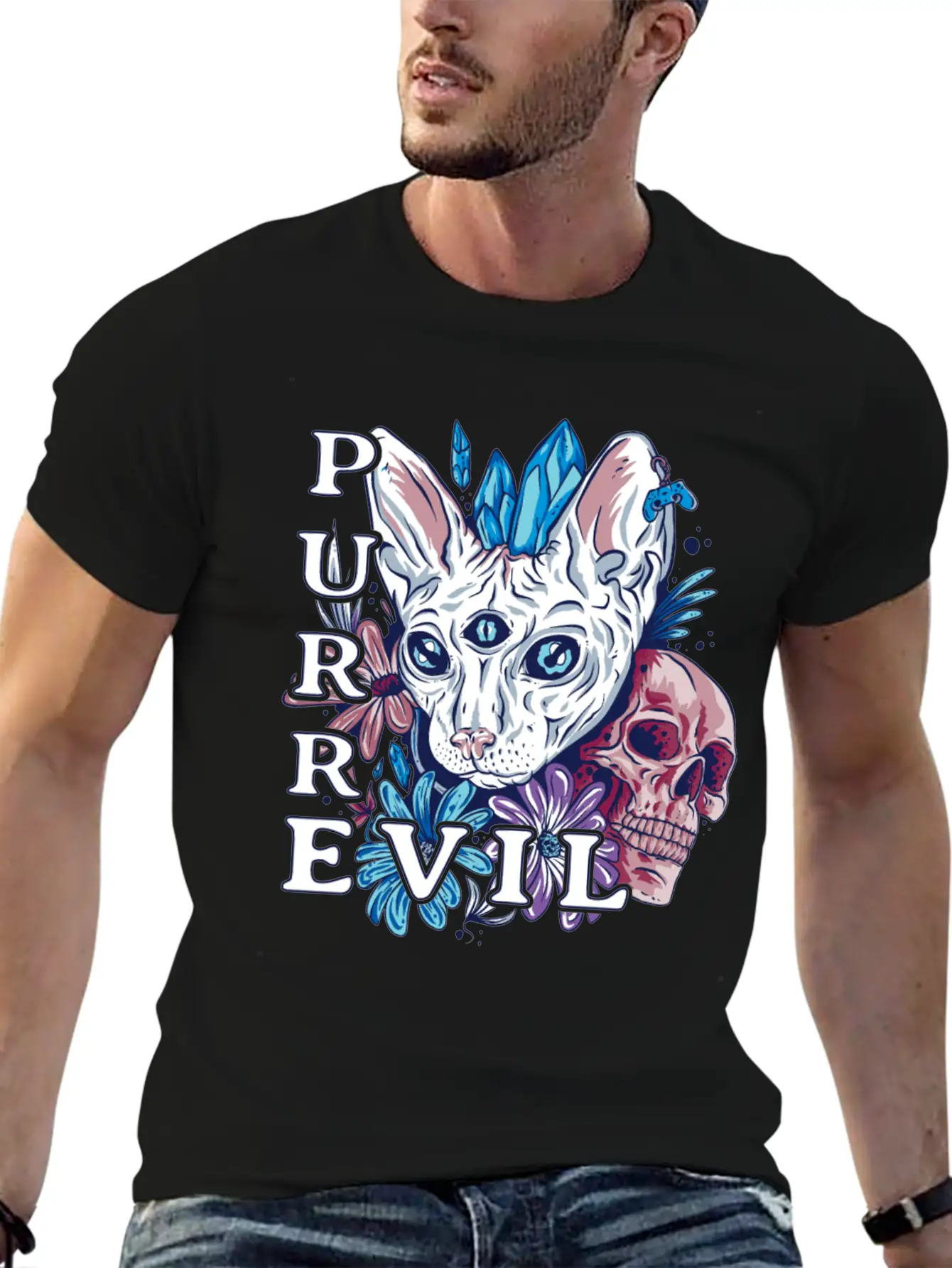 Purr Evil Cat, Gothic Sphynx Cat Comfortable Minimalist Graphic Tee – Summer Style Essential