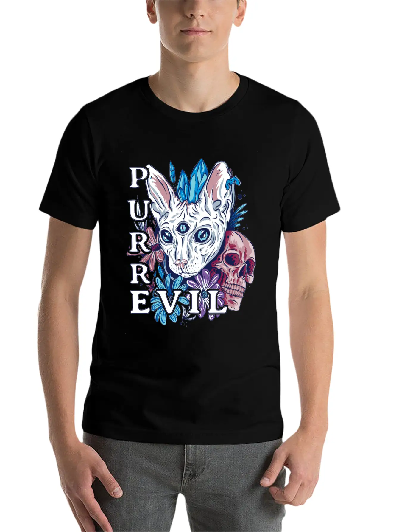 Purr Evil Cat, Gothic Sphynx Cat Comfortable Minimalist Graphic Tee – Summer Style Essential