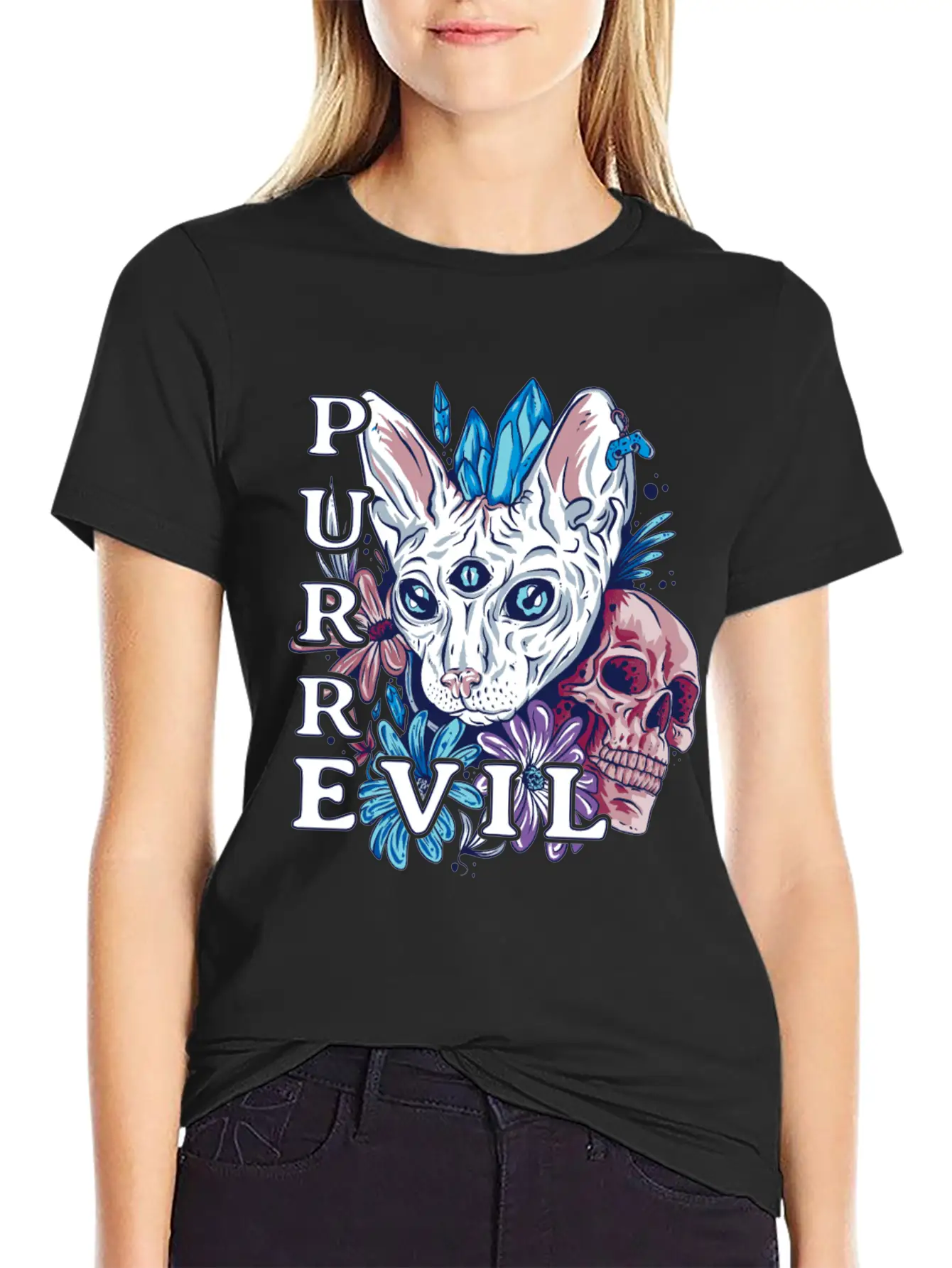 Purr Evil Cat, Gothic Sphynx Cat Comfortable Minimalist Graphic Tee – Summer Style Essential