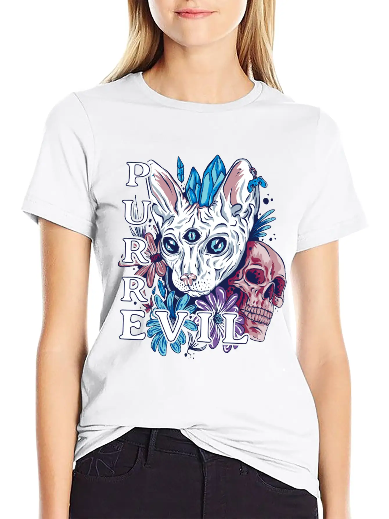 Purr Evil Cat, Gothic Sphynx Cat Comfortable Minimalist Graphic Tee – Summer Style Essential