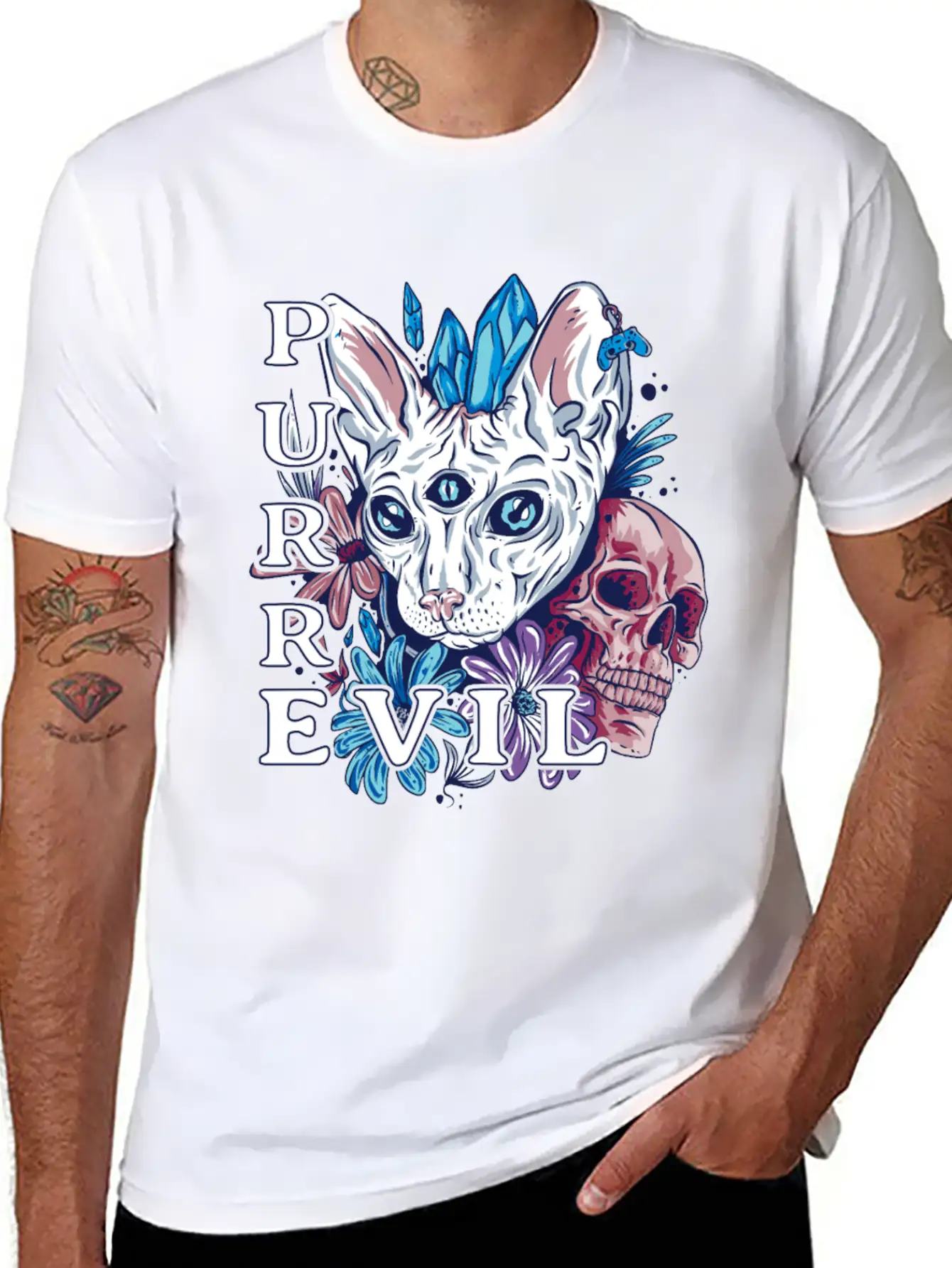 Purr Evil Cat, Gothic Sphynx Cat Comfortable Minimalist Graphic Tee – Summer Style Essential