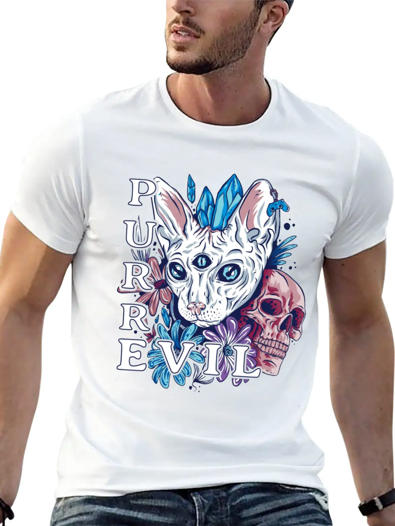 Purr Evil Cat, Gothic Sphynx Cat Comfortable Minimalist Graphic Tee – Summer Style Essential