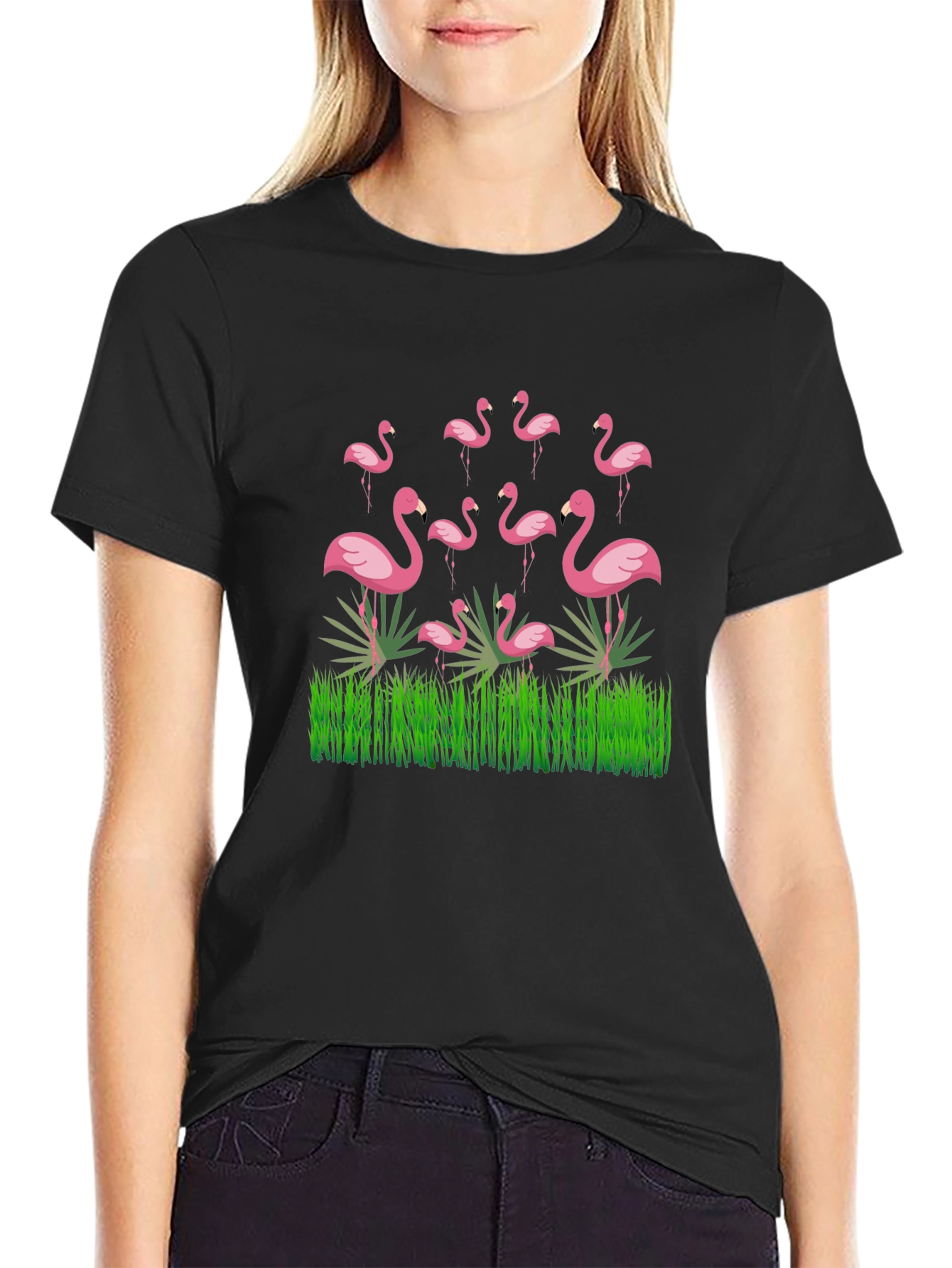 Flamingo Graphic Black T-Shirt - Tropical Bird Design