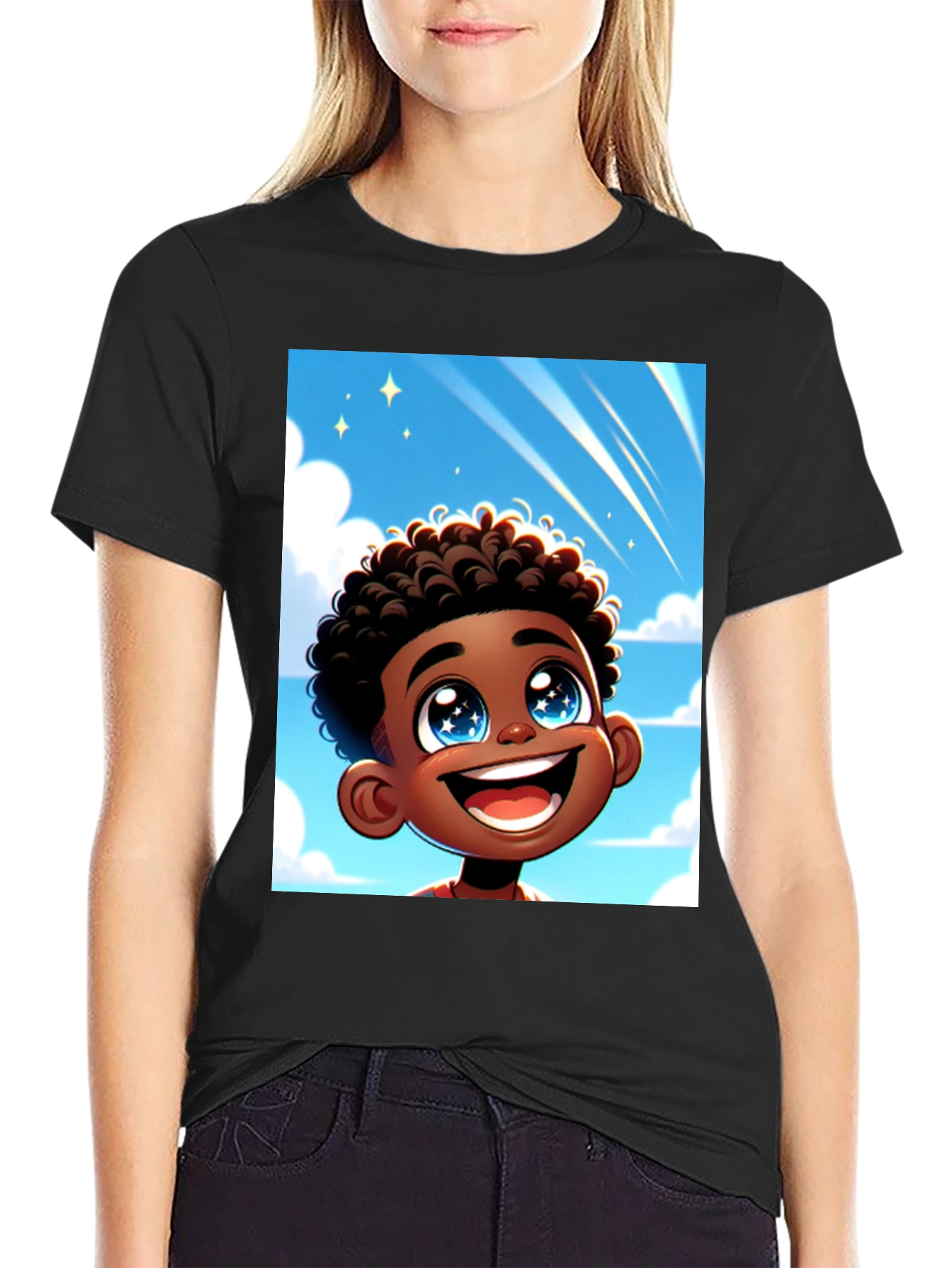 Cartoon Boy T-Shirt - Black Cotton Blend