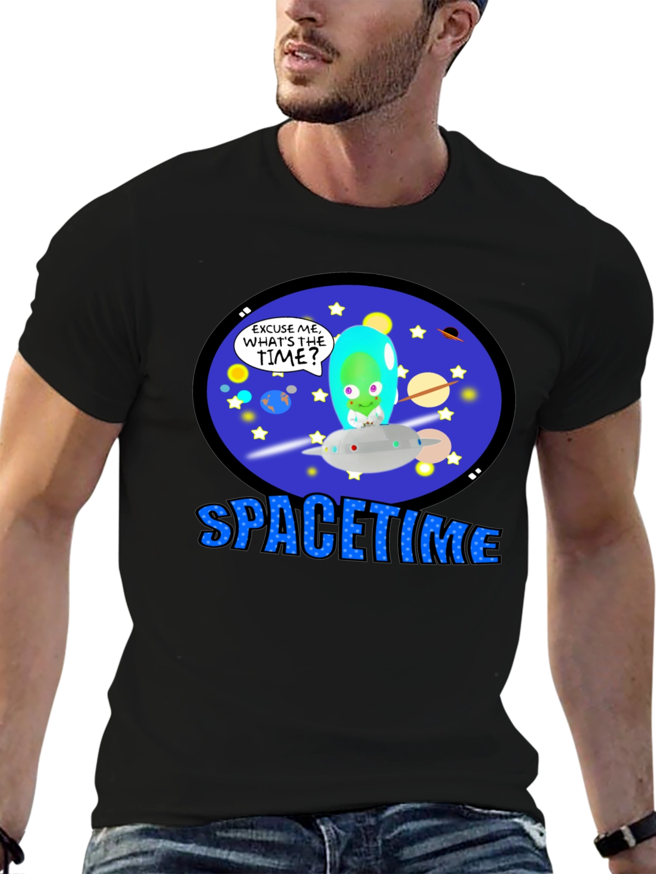 Spacetime Alien Graphic T-Shirt -  Black Cotton Blend Tee