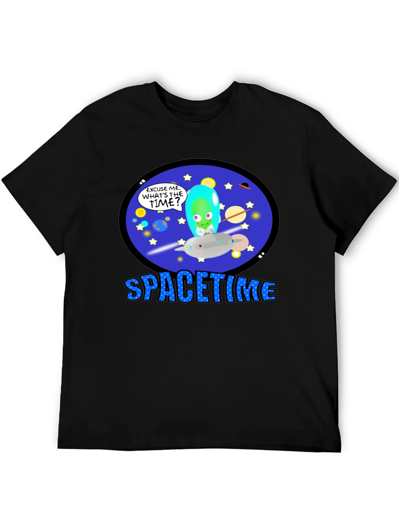 Spacetime Alien Graphic T-Shirt -  Black Cotton Blend Tee
