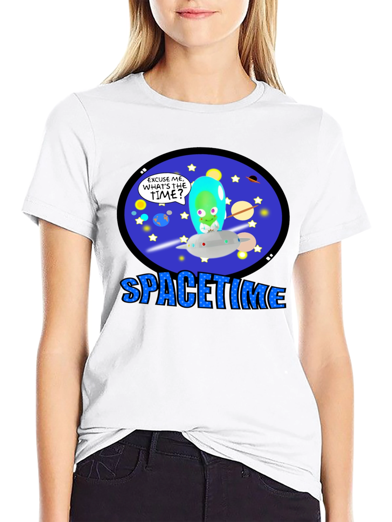 Spacetime Alien Graphic T-Shirt -  Black Cotton Blend Tee
