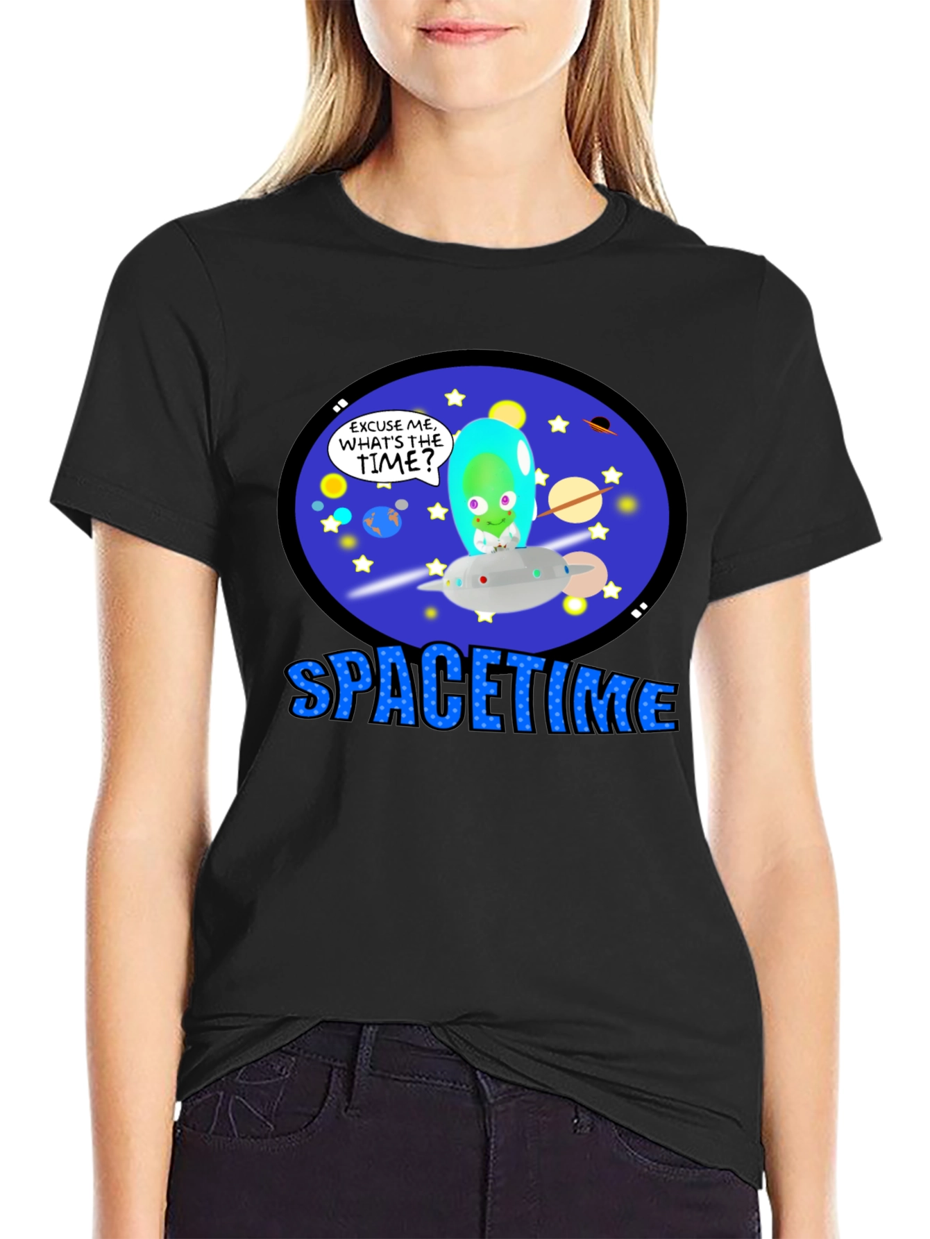 Spacetime Alien Graphic T-Shirt -  Black Cotton Blend Tee