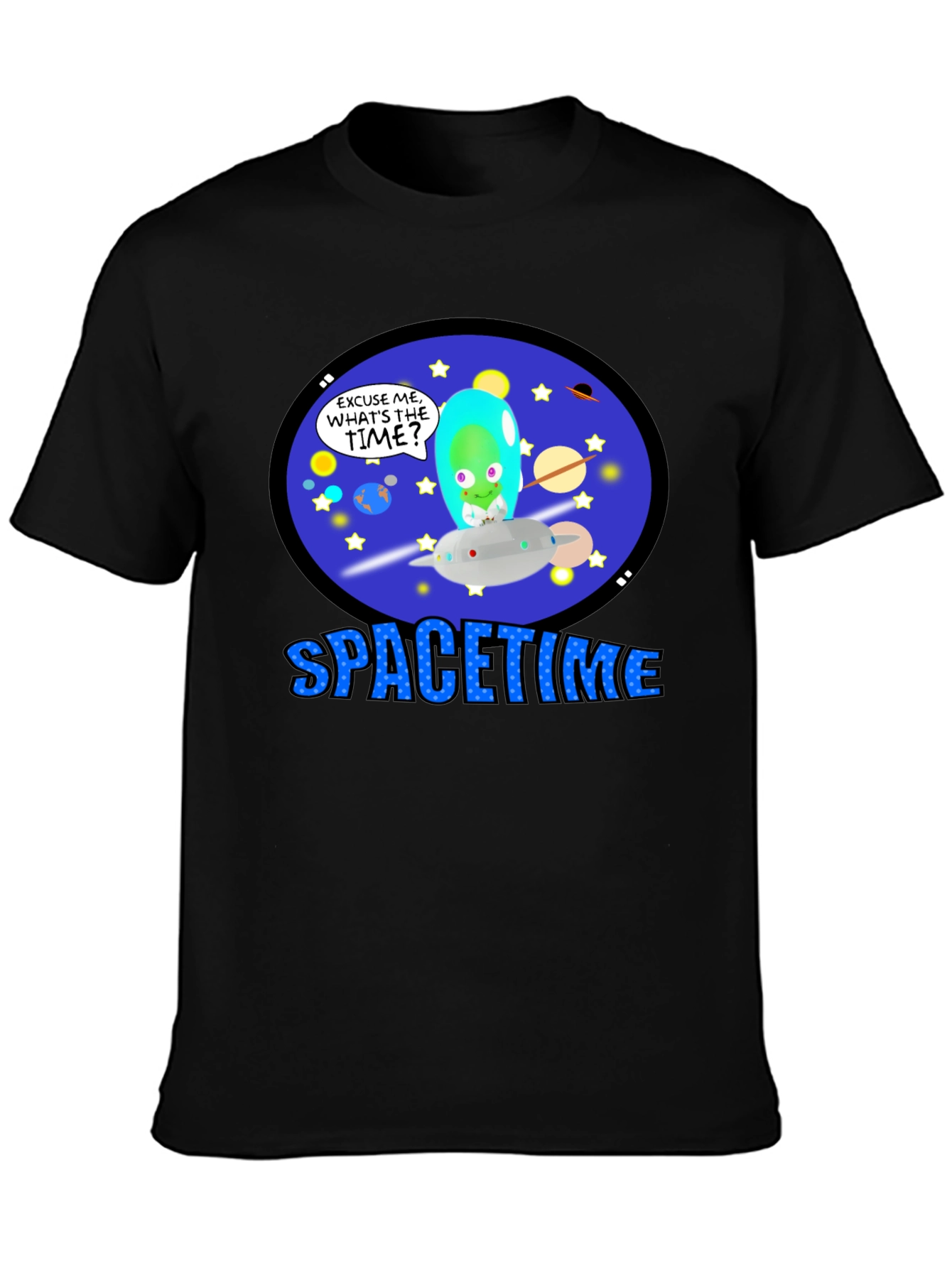 Spacetime Alien Graphic T-Shirt -  Black Cotton Blend Tee