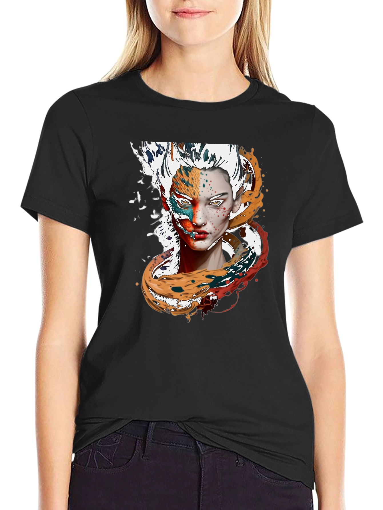Abstract Face Print Black T-Shirt