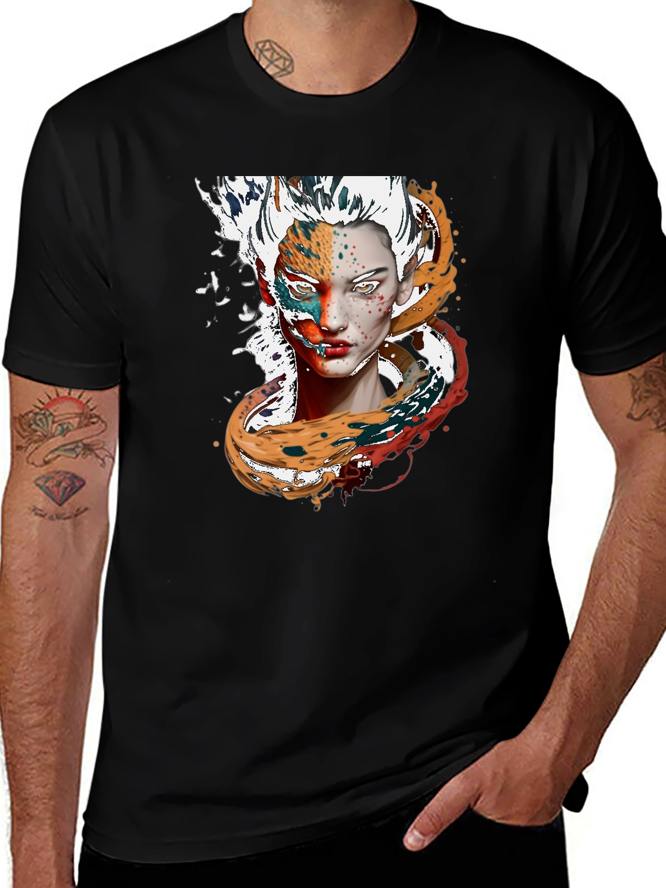 Abstract Face Print Black T-Shirt