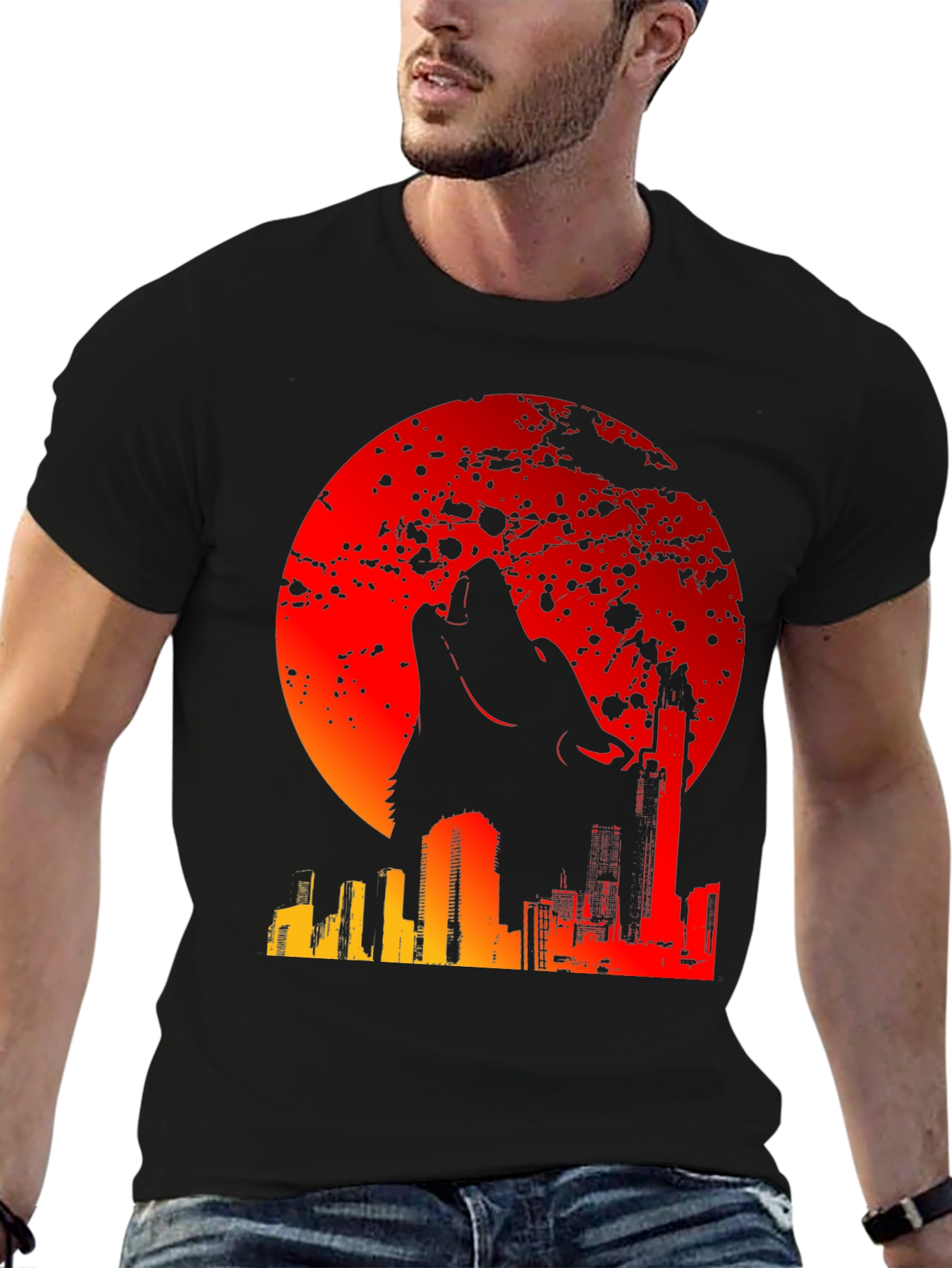 Wolf Moon Cityscape Graphic Tee - Mens Black T-Shirt