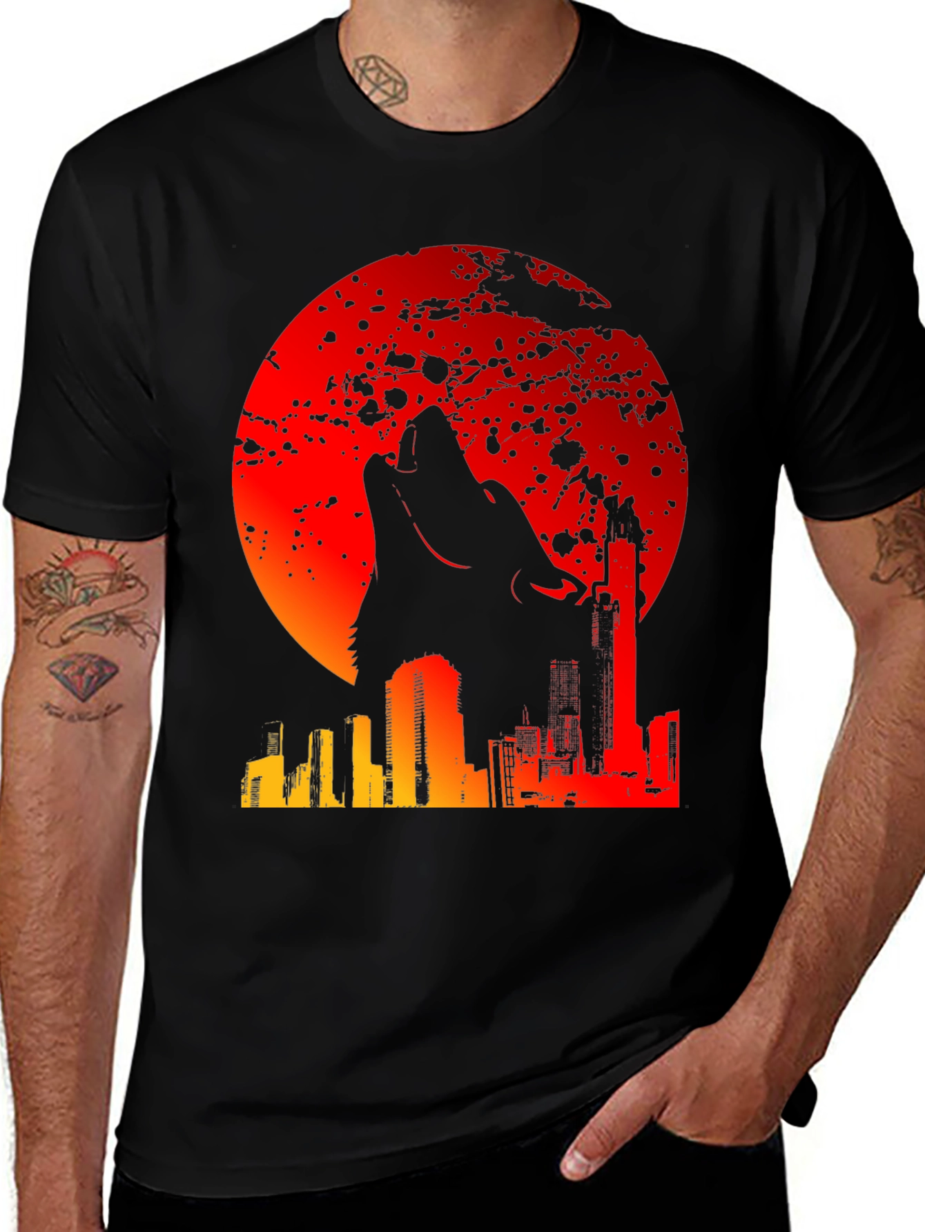 Wolf Moon Cityscape Graphic Tee - Mens Black T-Shirt