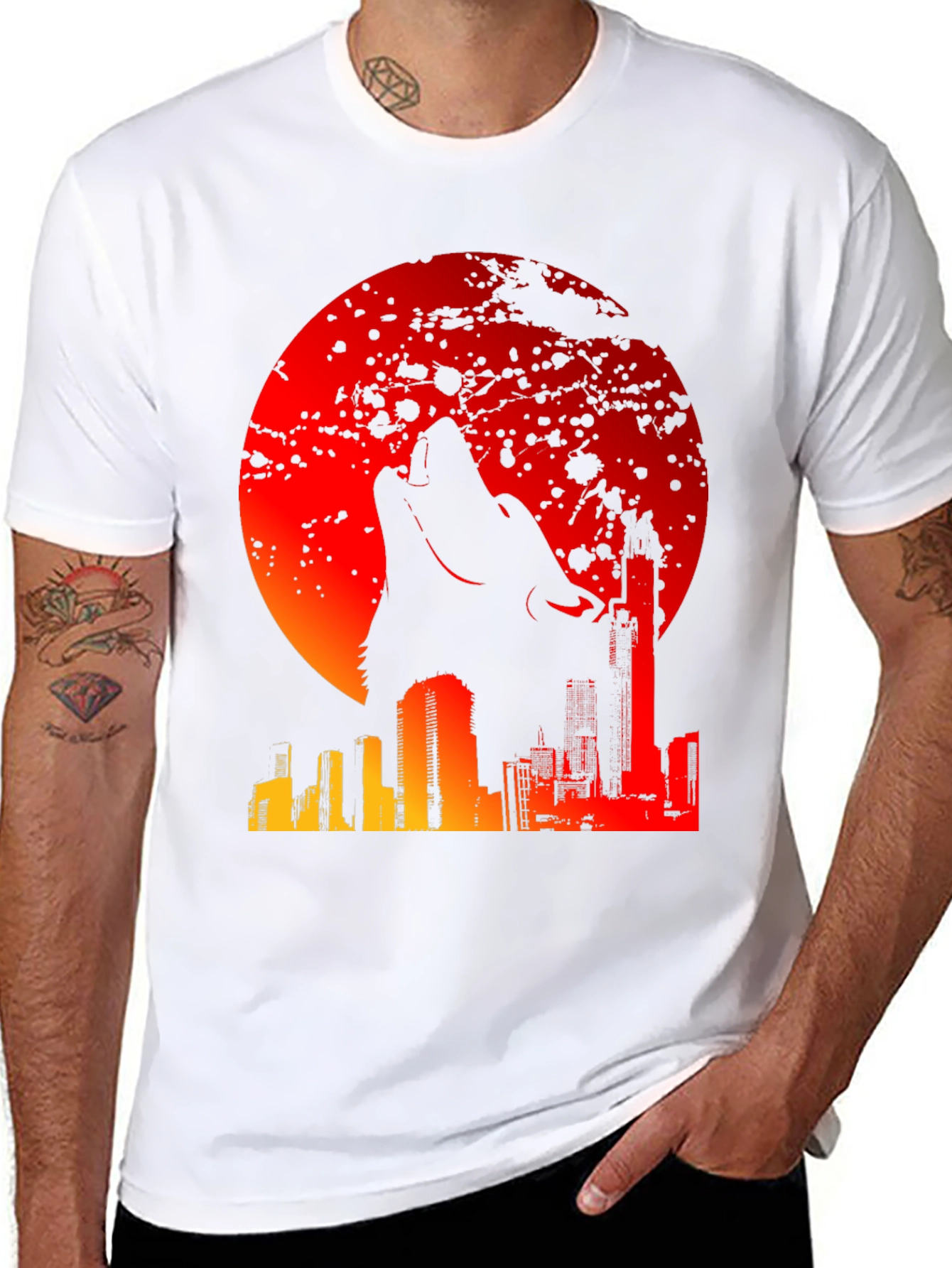 Wolf Moon Cityscape Graphic Tee - Mens Black T-Shirt