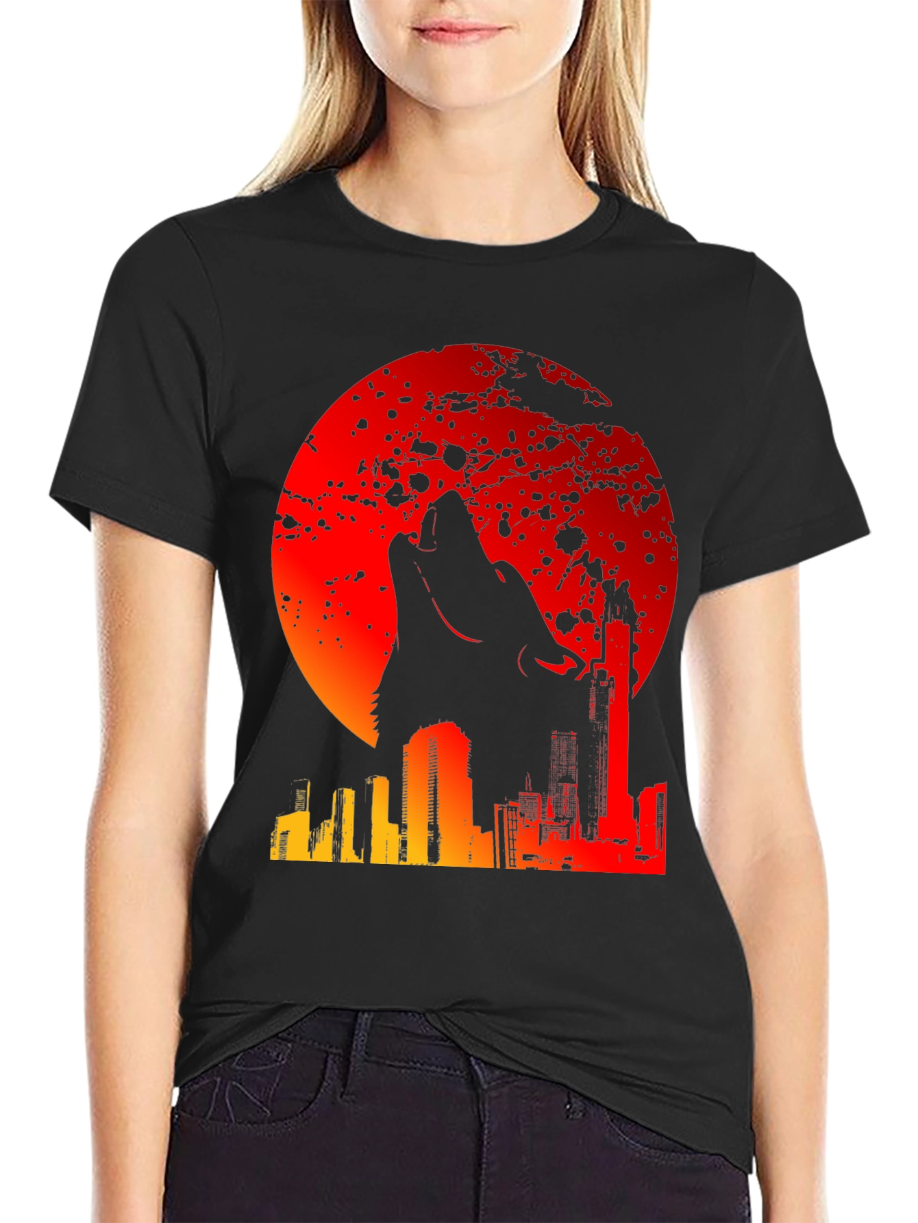 Wolf Moon Cityscape Graphic Tee - Mens Black T-Shirt
