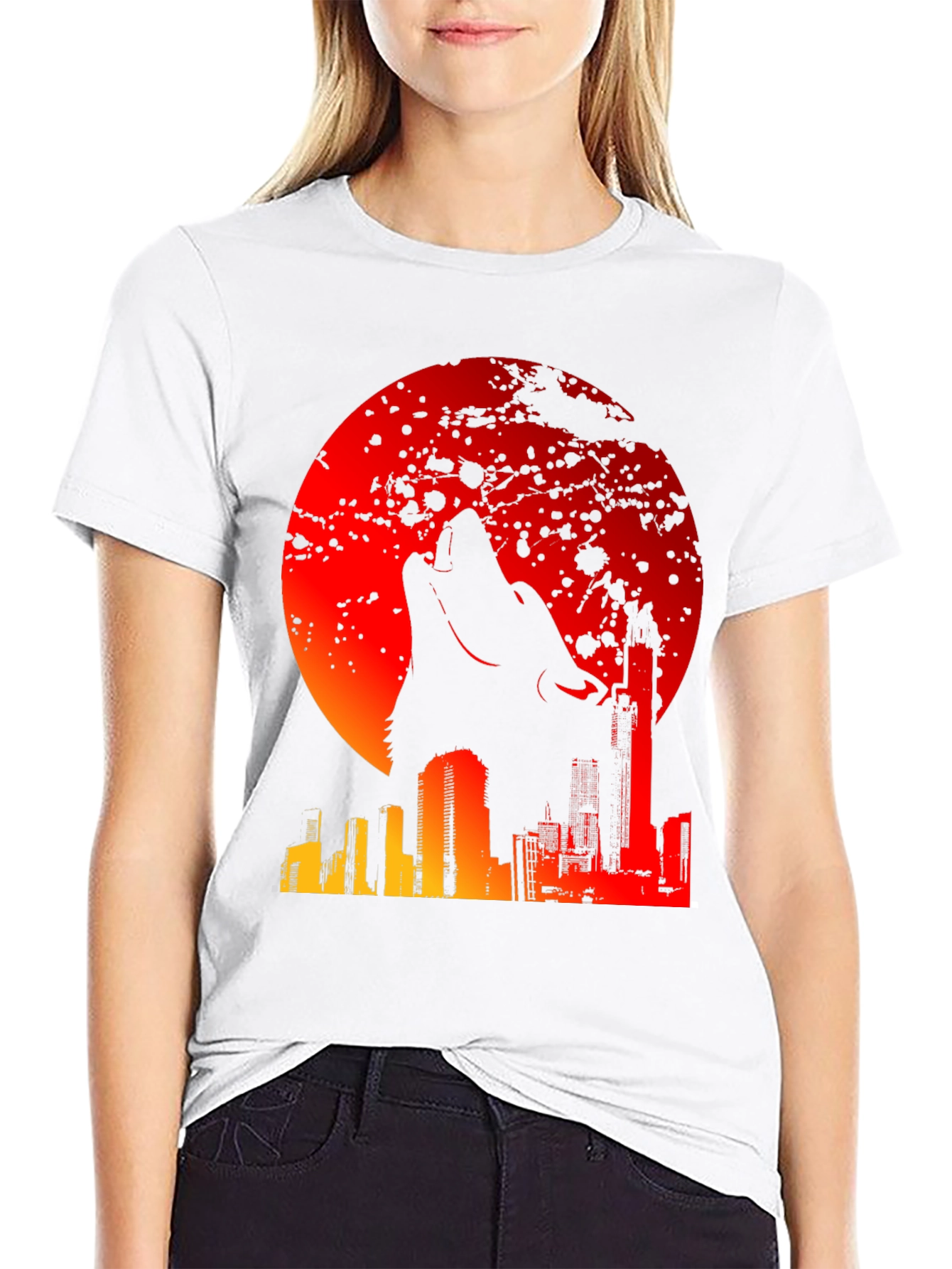 Wolf Moon Cityscape Graphic Tee - Mens Black T-Shirt
