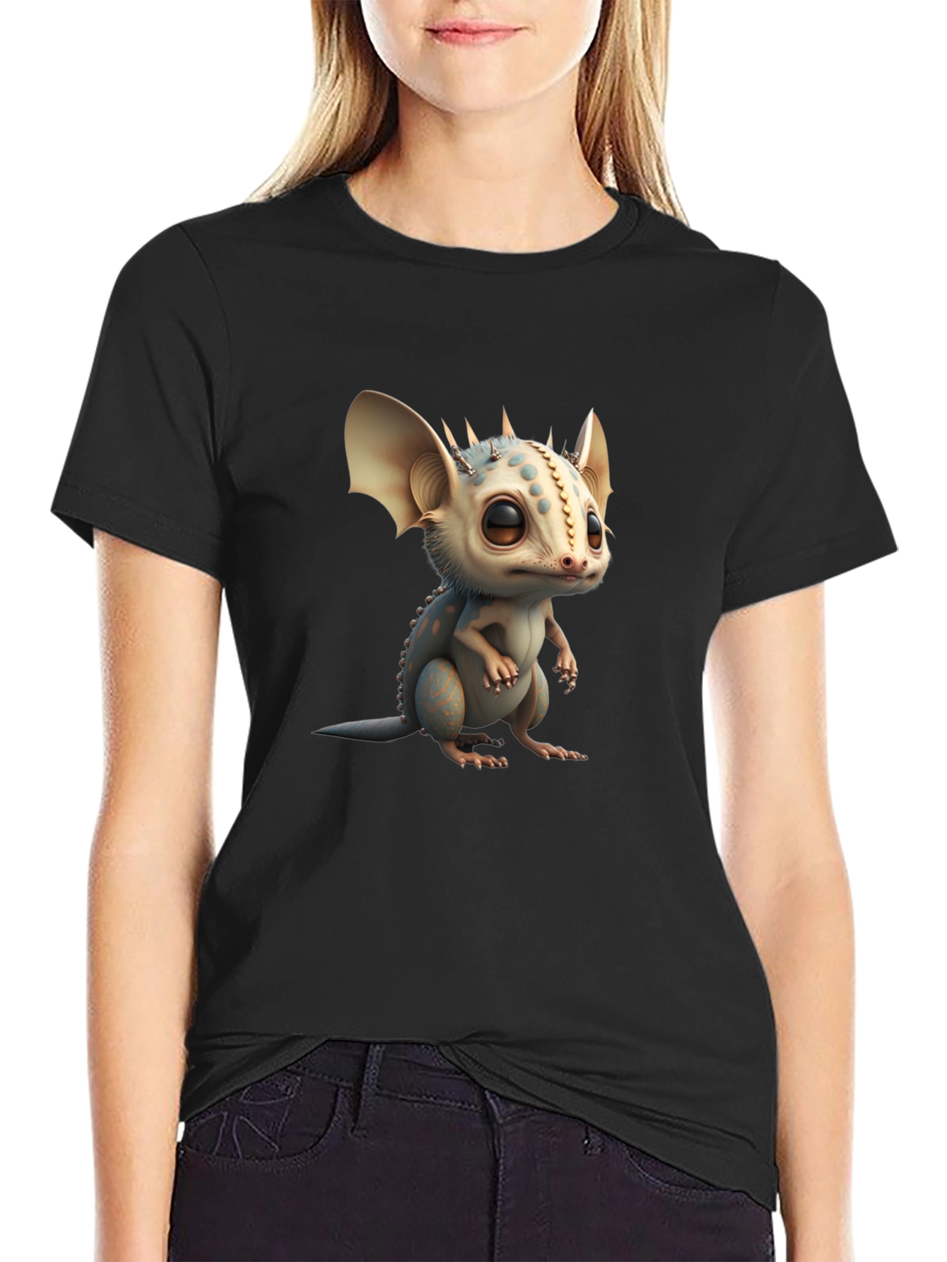 Cute Dragon Graphic Tee - Black Crew Neck