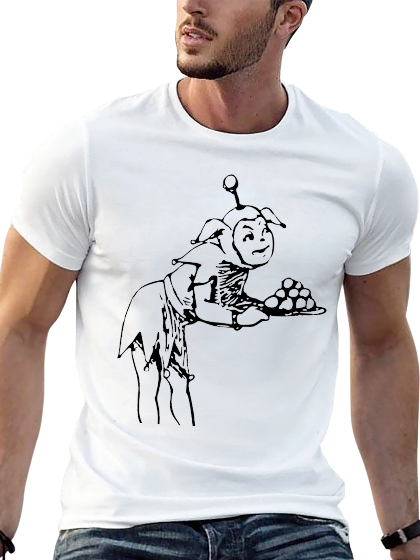 Whimsical Goblin Server Graphic Tee - Black Cotton Blend