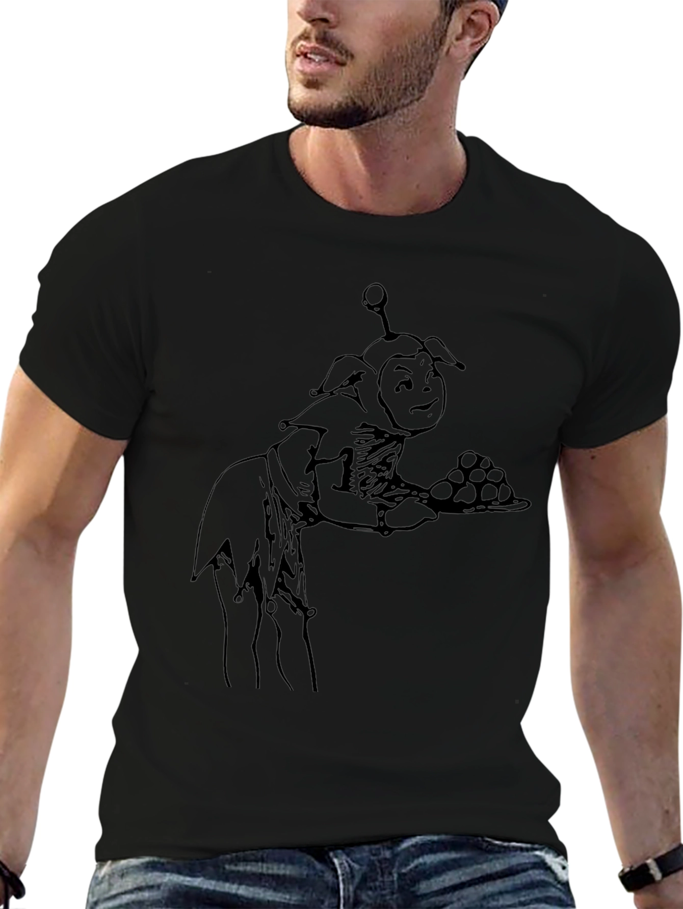 Whimsical Goblin Server Graphic Tee - Black Cotton Blend