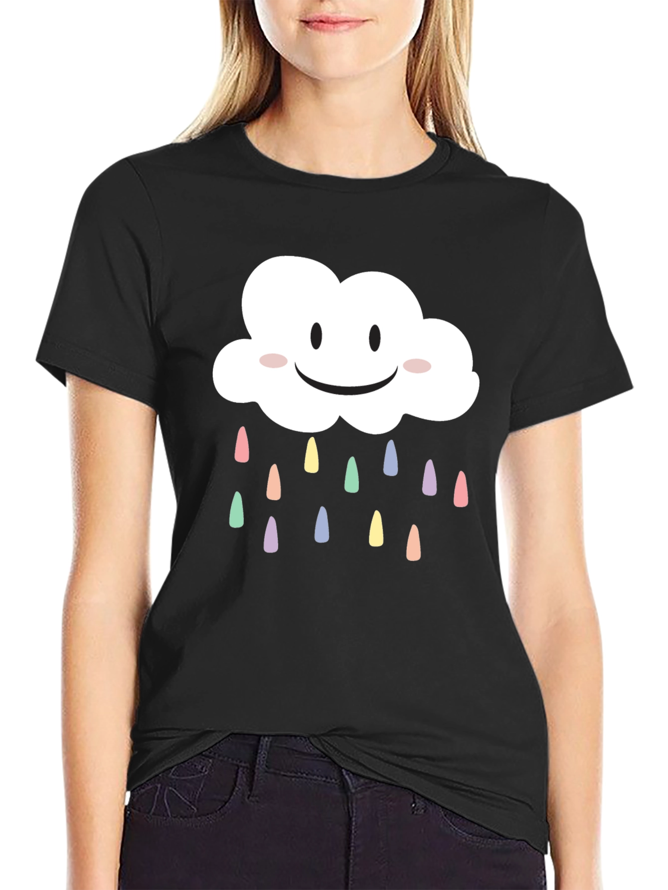 Cute Smiling Cloud T-Shirt - Pastel Rain Drops