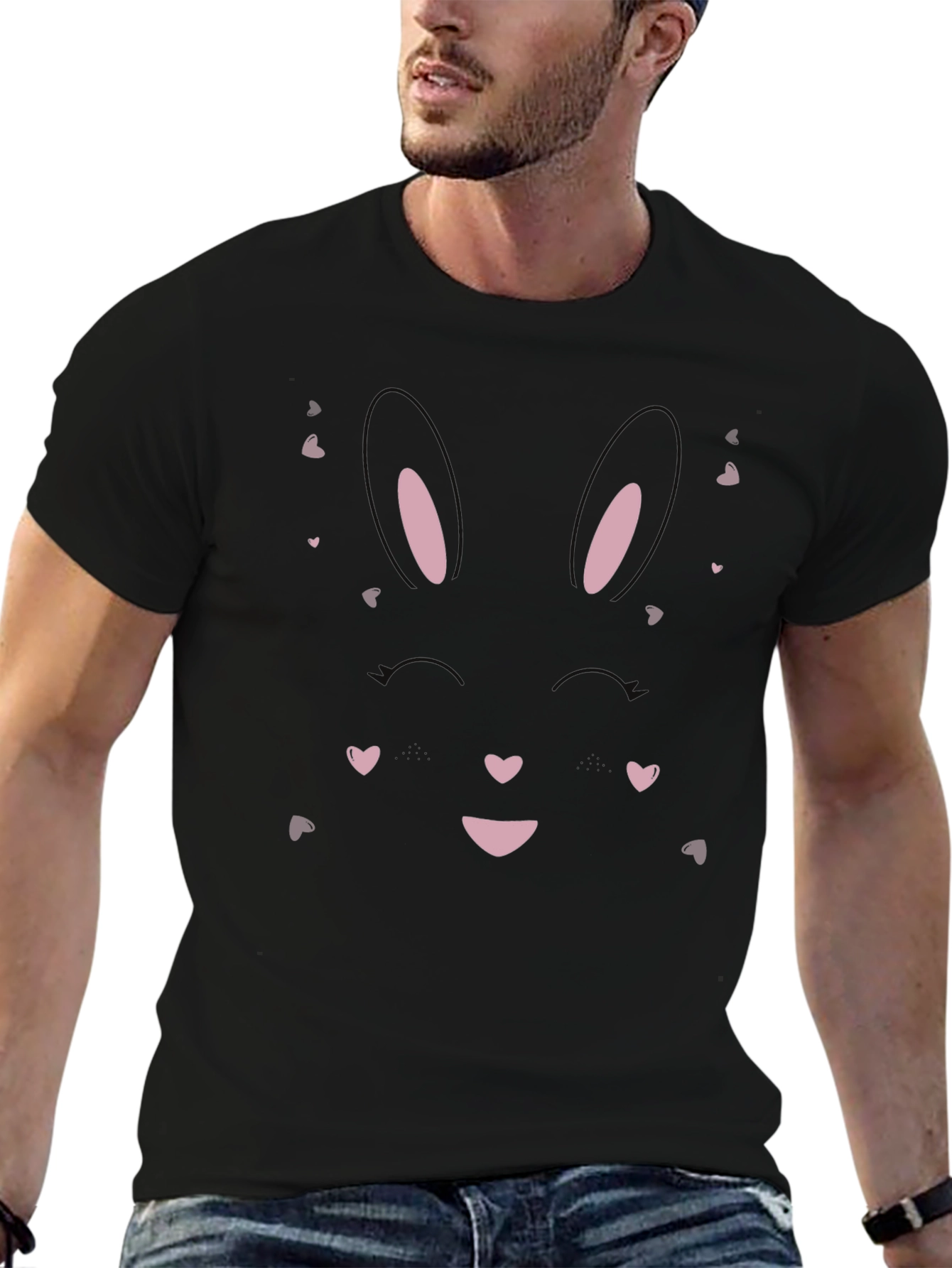 Cute Bunny Face Graphic Tee - Black