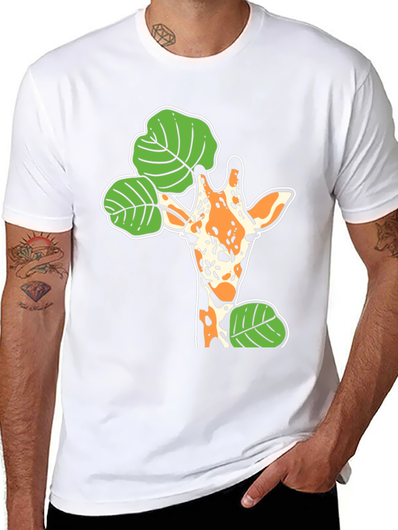 Giraffe and Leaf Graphic Black T-Shirt