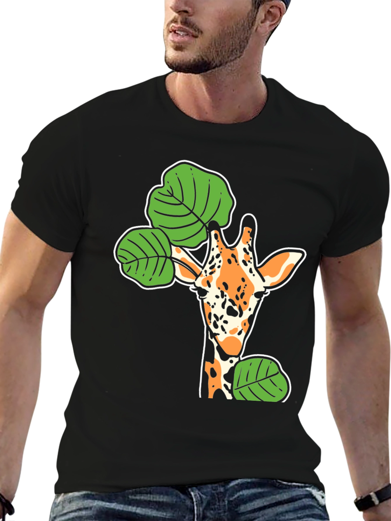 Giraffe and Leaf Graphic Black T-Shirt