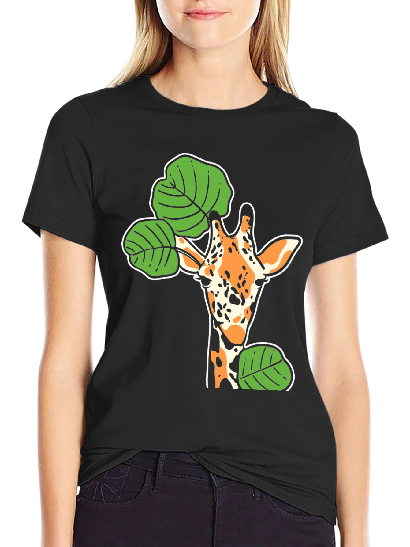 Giraffe and Leaf Graphic Black T-Shirt