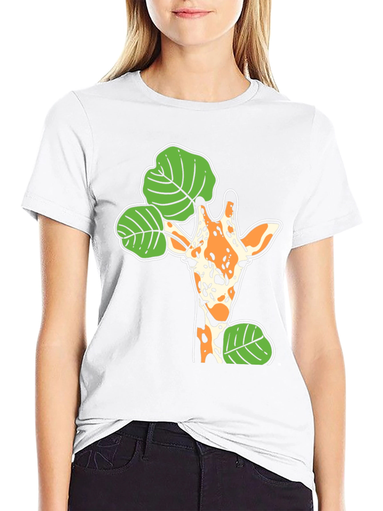 Giraffe and Leaf Graphic Black T-Shirt