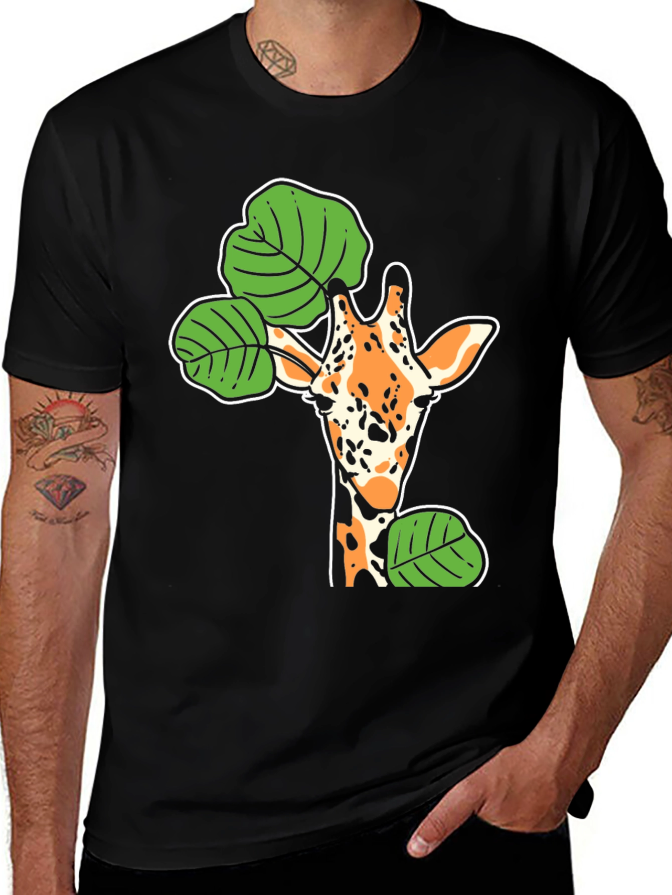 Giraffe and Leaf Graphic Black T-Shirt