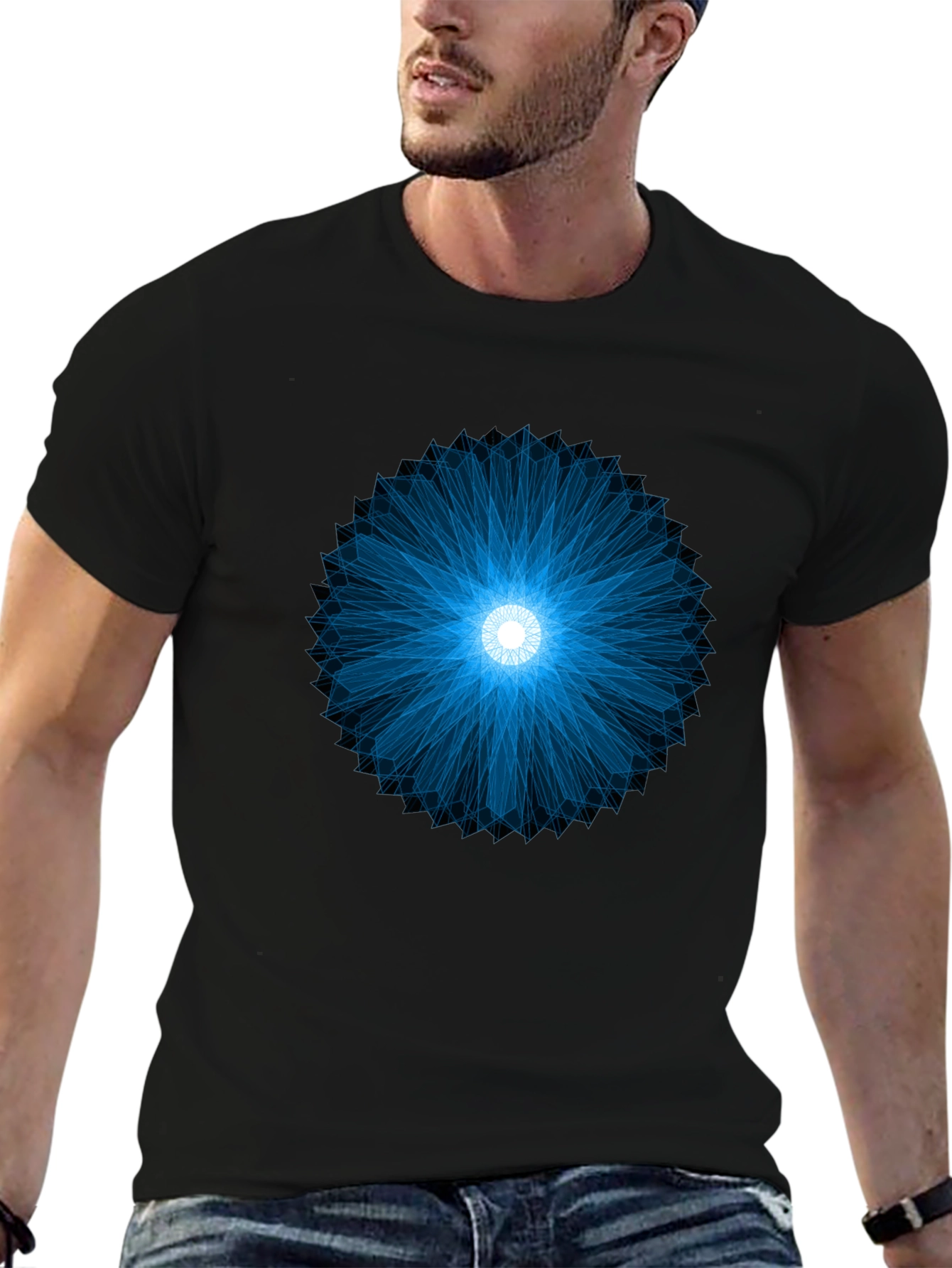 Geometric Blue Burst Black T-Shirt