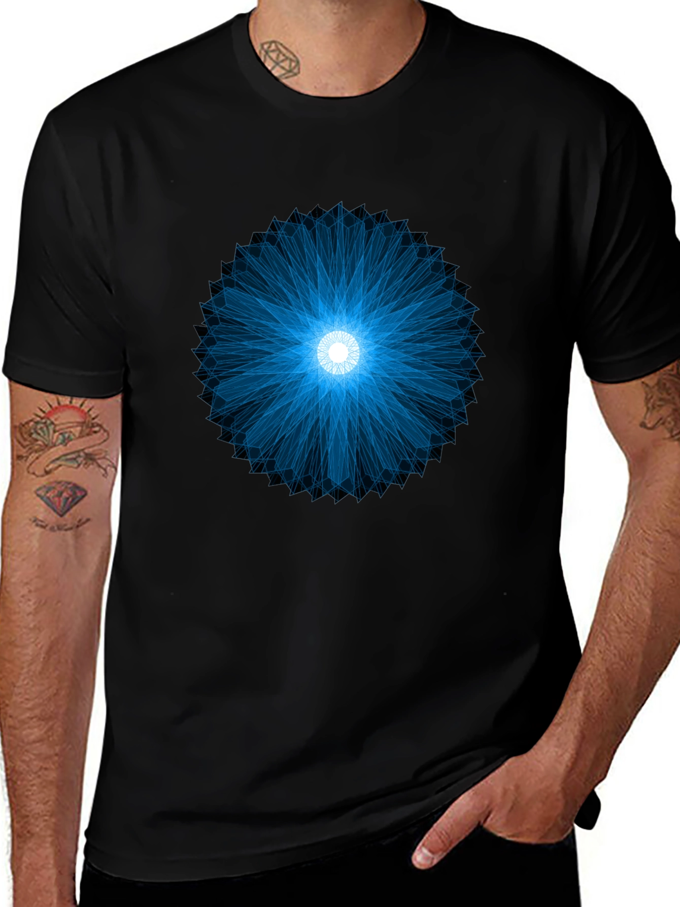 Geometric Blue Burst Black T-Shirt