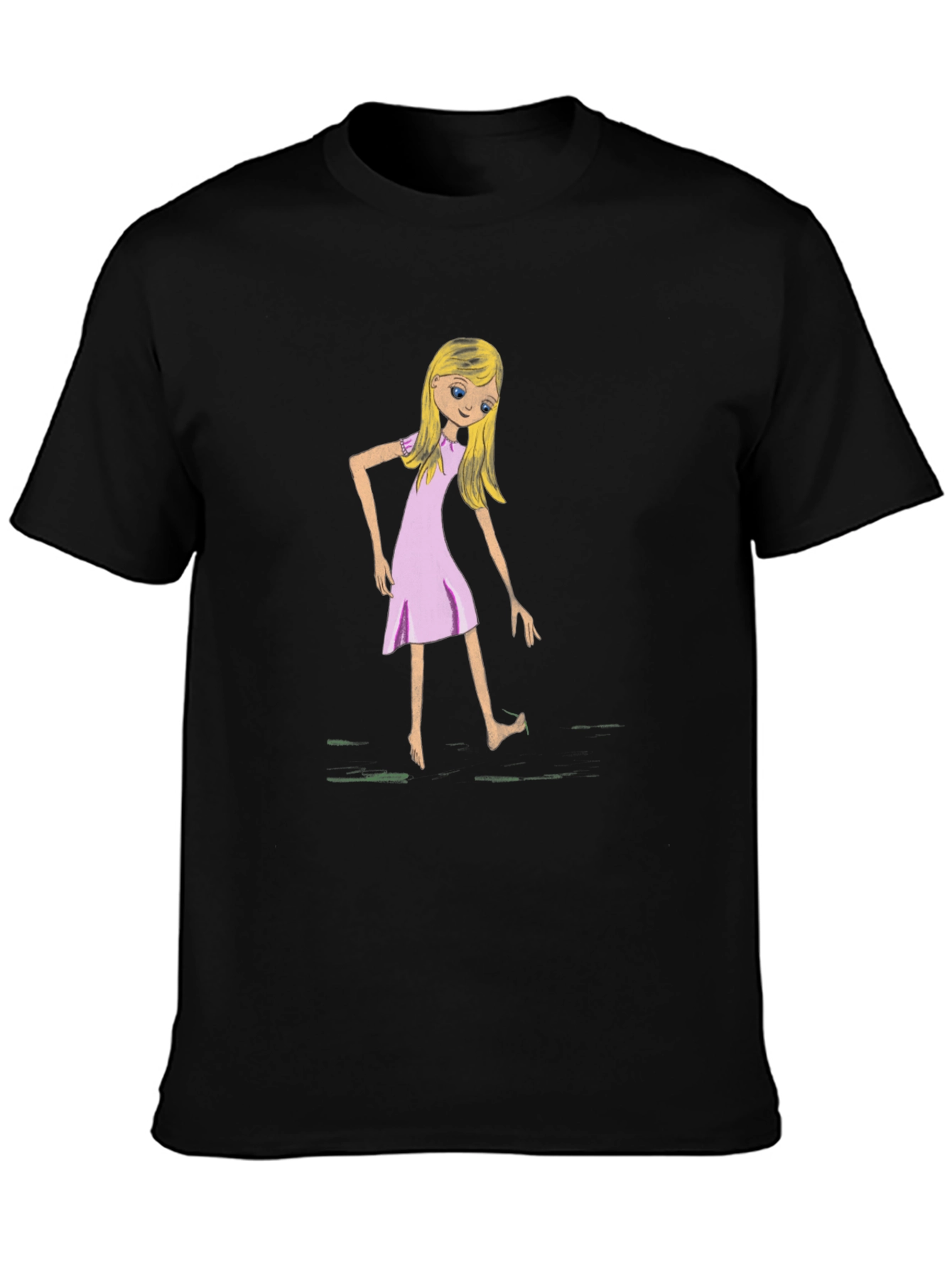 Whimsical Girl Graphic Tee - Black Cotton T-Shirt