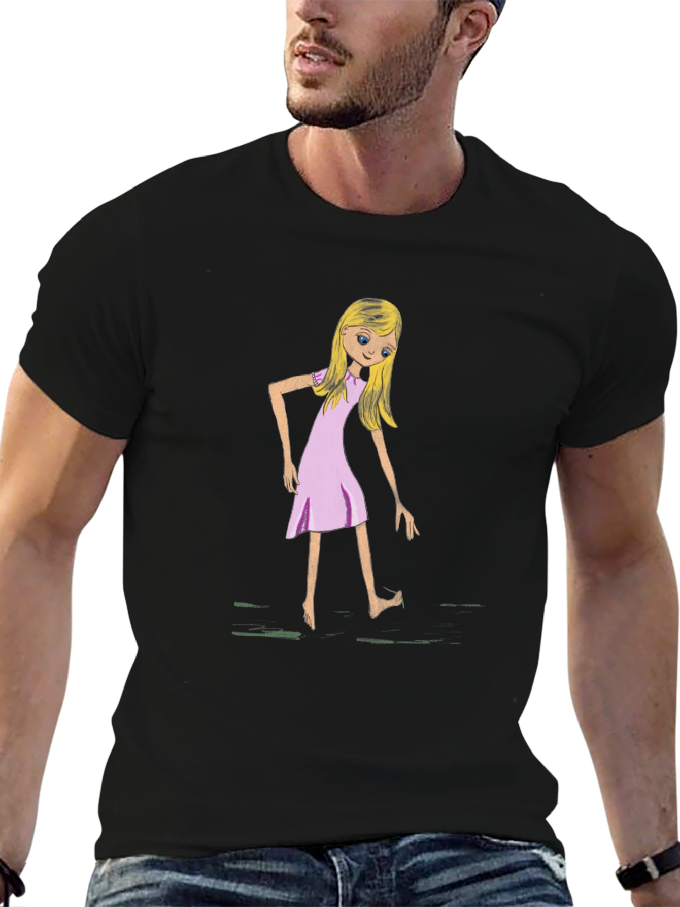 Whimsical Girl Graphic Tee - Black Cotton T-Shirt