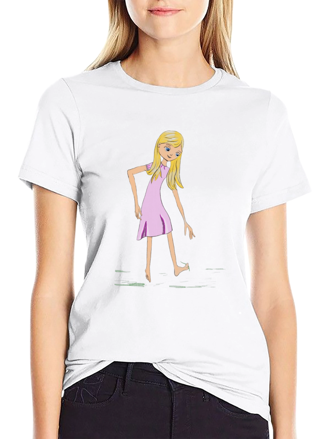Whimsical Girl Graphic Tee - Black Cotton T-Shirt