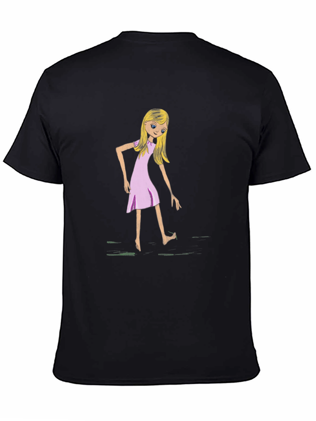 Whimsical Girl Graphic Tee - Black Cotton T-Shirt