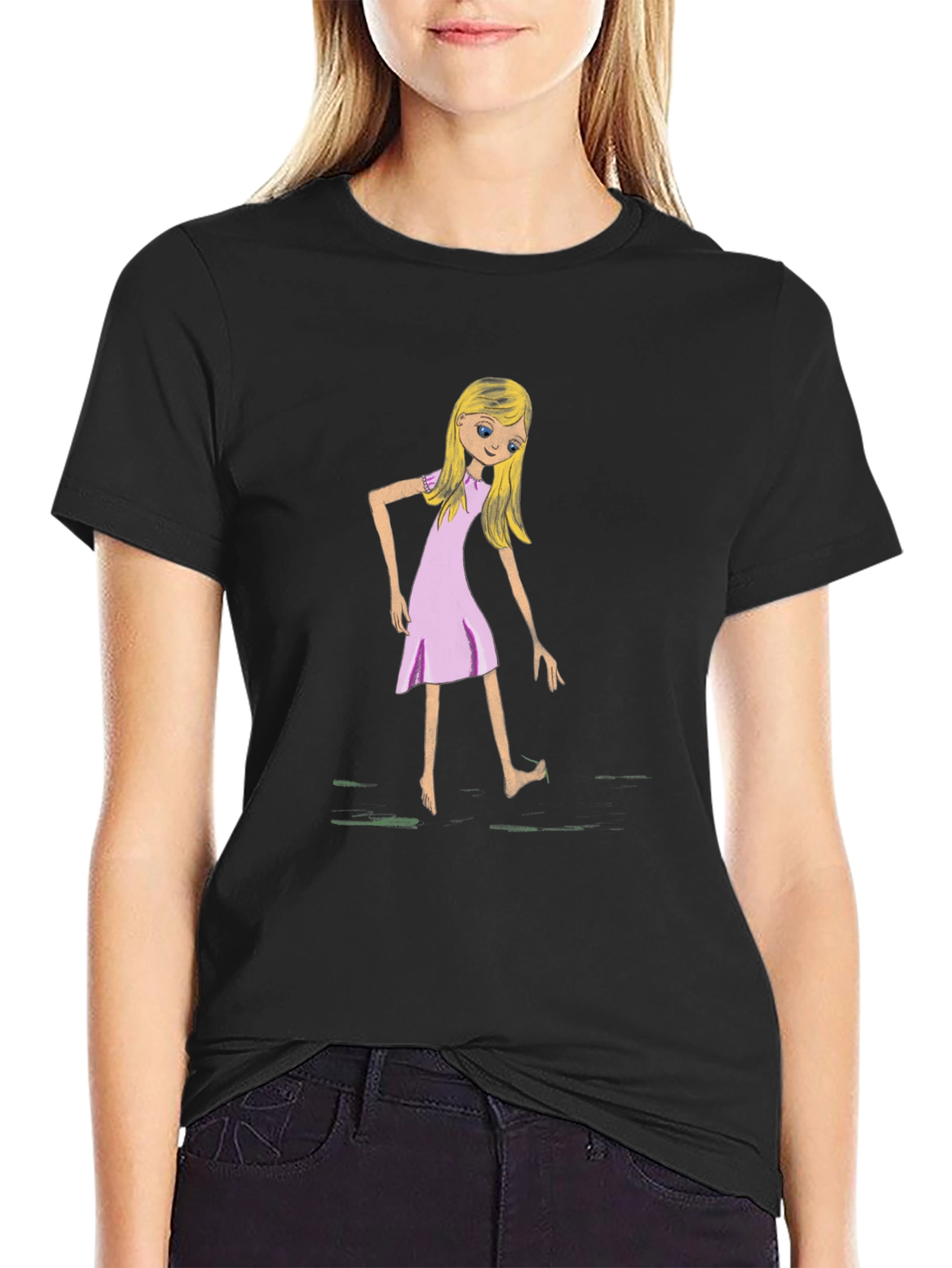 Whimsical Girl Graphic Tee - Black Cotton T-Shirt