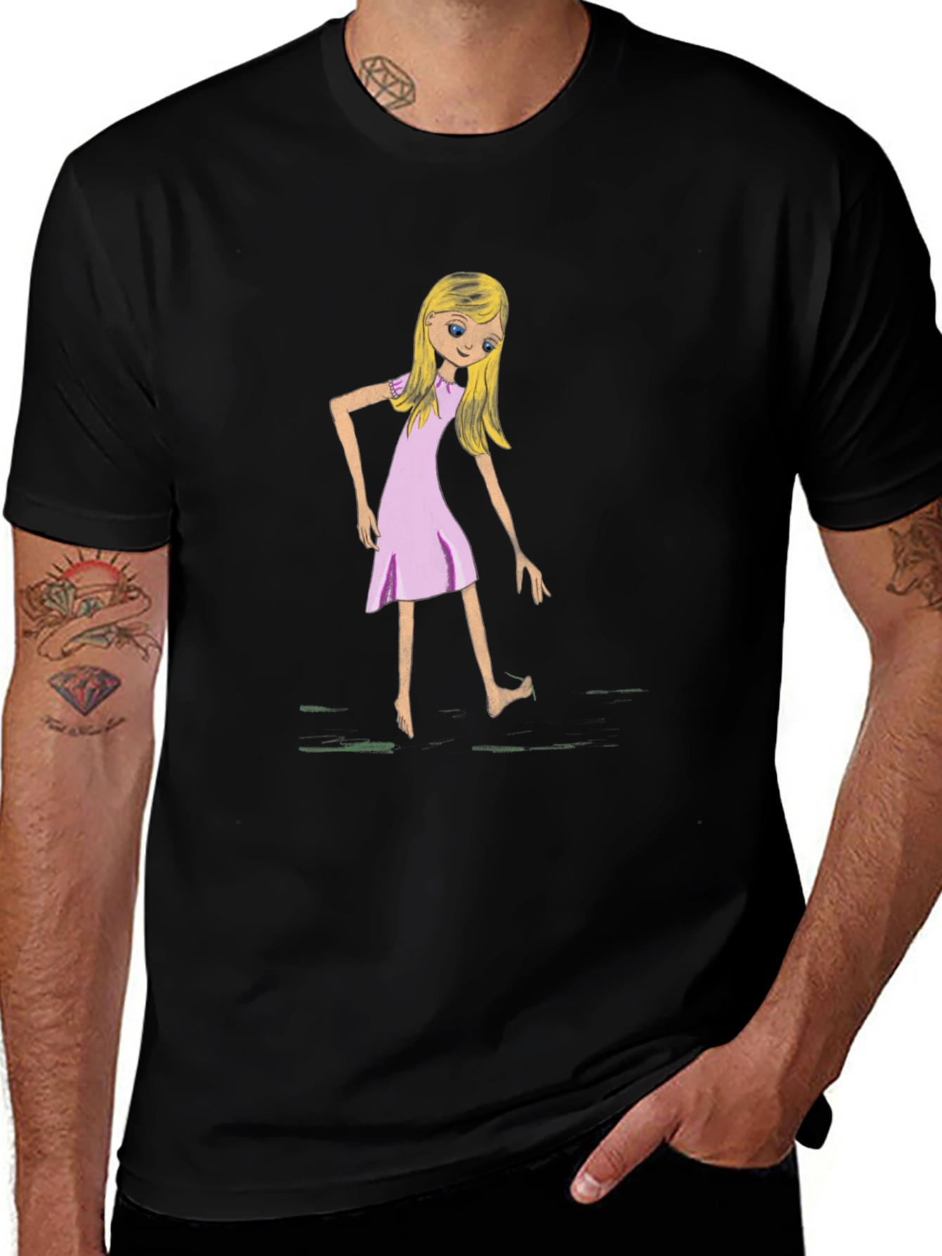 Whimsical Girl Graphic Tee - Black Cotton T-Shirt